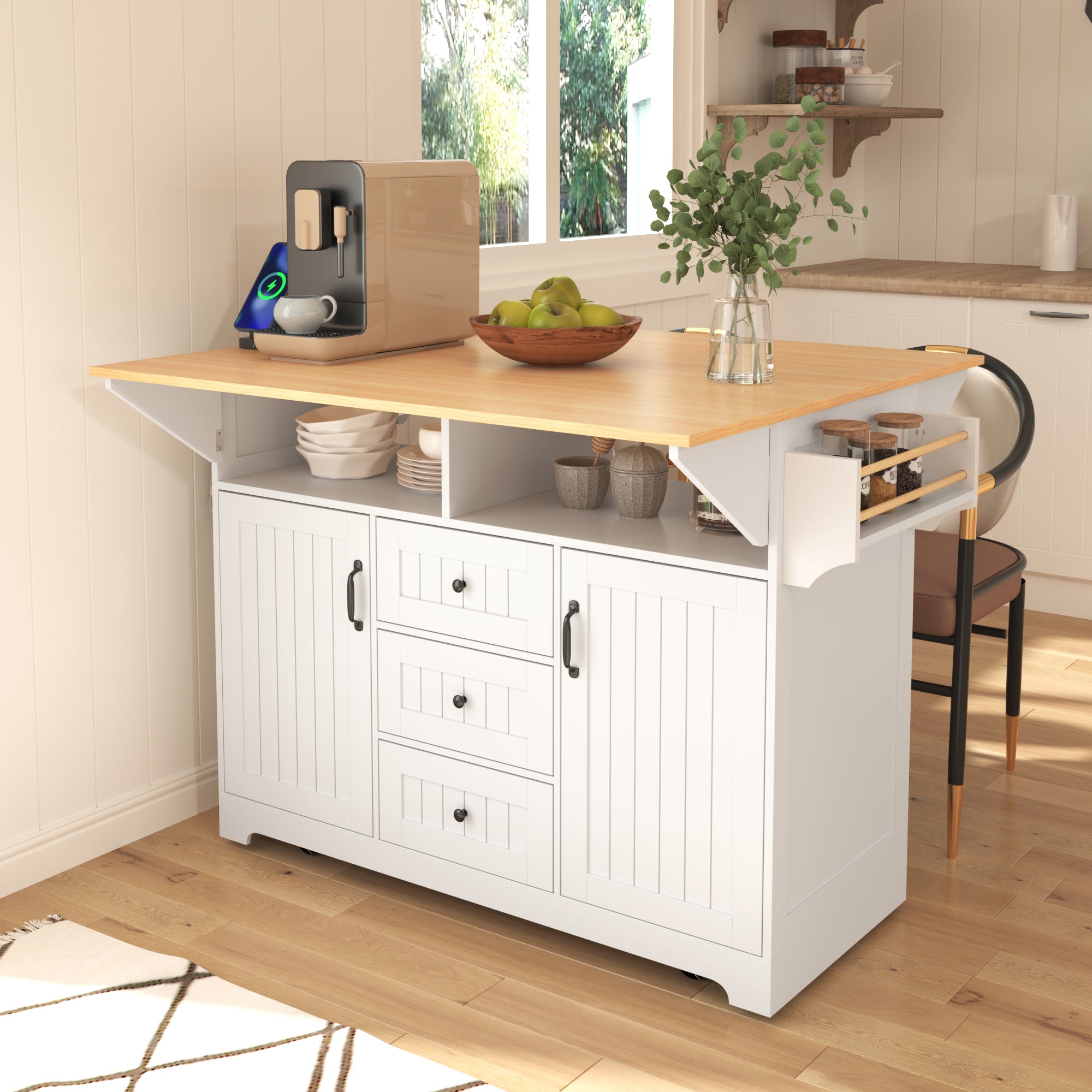 K&K 55.7'' Large Kitchen Island with 2 Drop Leaf,, Rolling Kitchen Cart on 5 Wheels with Power Outlet, Folding Storage Dining Table with Spice & Towel Rack , 3 Drawers, for Kitchen, Dining Room,White - Grand Goldman Shop