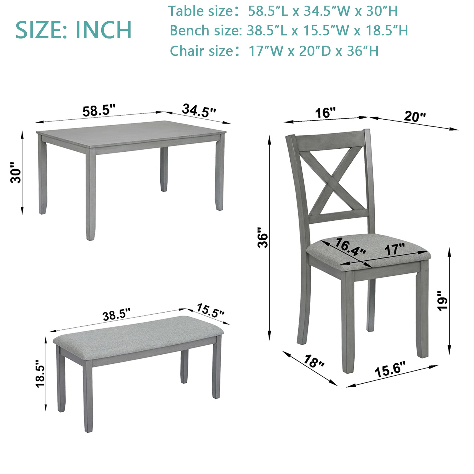 6PCs Kitchen Dining Set, Rectangular Wooden Dining Table with 4 Upholstered Chairs and a Bench, Dining Table Set for 6 People, Living Room, Home Bar and Kitchen, Gray - Grand Goldman Shop