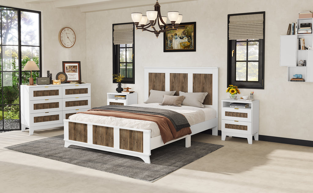 4-Pieces Bedroom Sets, Queen Size Farmhouse Platform Bed with Wooden Strip Stickers Decoration, Storage Nightstand and Dresser with Metal Handle, White(Old SKU: HL000191AAK) - Grand Goldman Shop