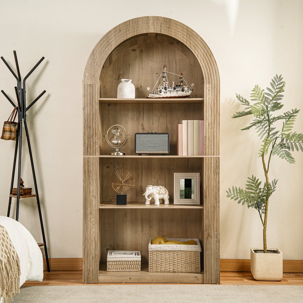 78.74' Tall Arched Bookcase,  Mid Century Modern 4-Tier Arched Storage Bookcase with Open Display Storage Shelf for Dining Room, Living Room,Bedroom (Natural) - Grand Goldman Shop