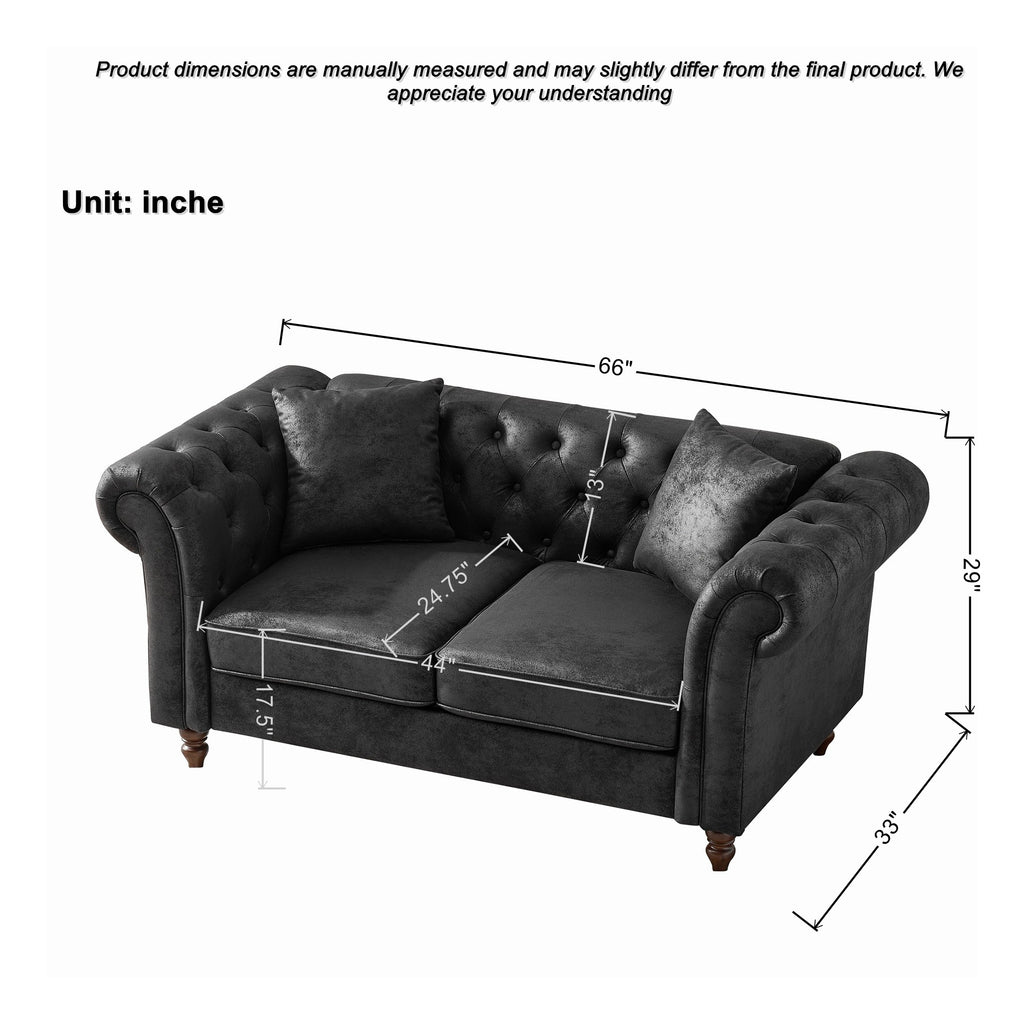Chesterfield Faux Leather Sofa, High-tech Fabric Roll Armrest, Black, 66' - Grand Goldman Shop