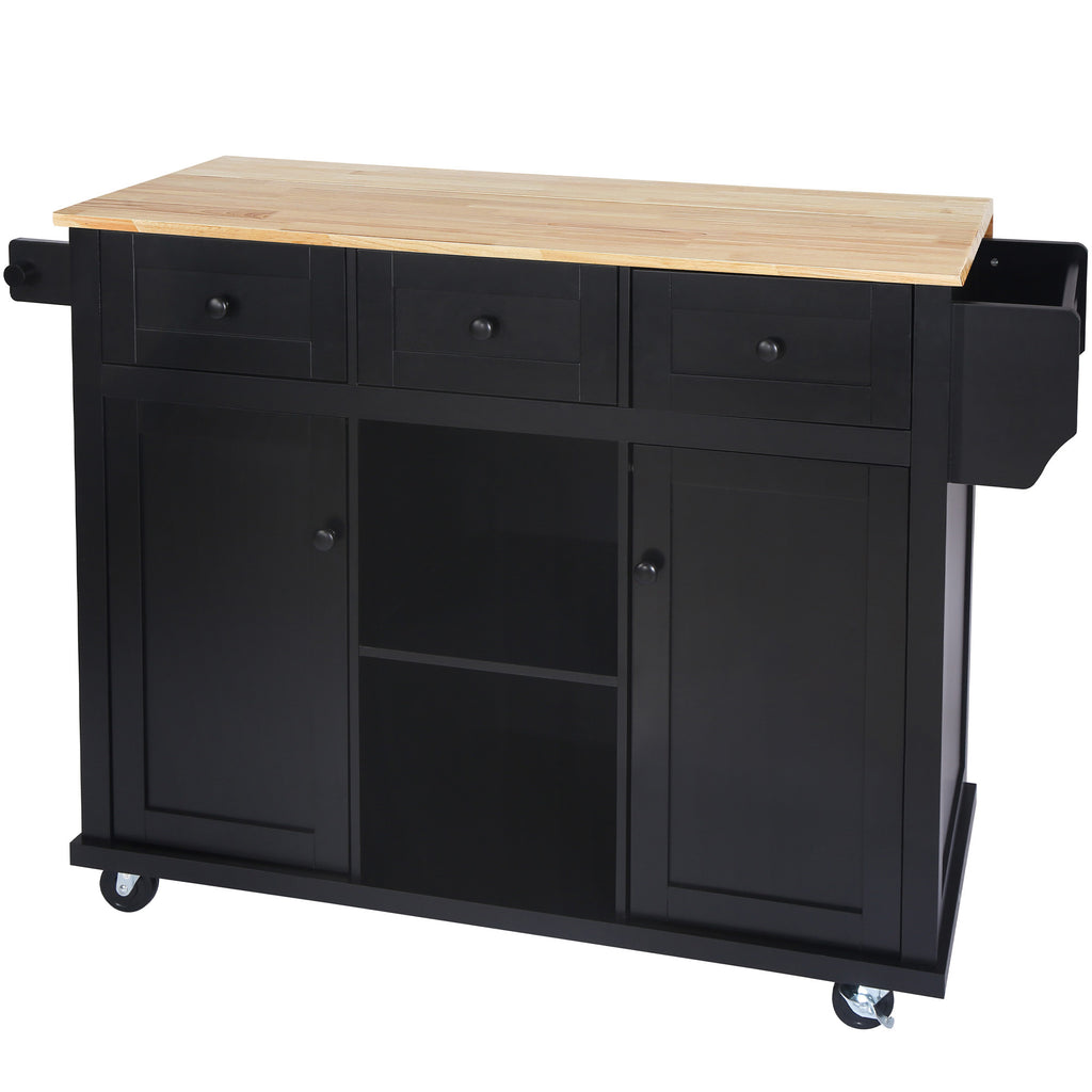 Kitchen Cart with Rubber wood Drop-Leaf Countertop ,Cabinet door internal storage racks,Kitchen Island on 5 Wheels with Storage Cabinet and 3 Drawers for Dinning Room, Black - Grand Goldman Shop