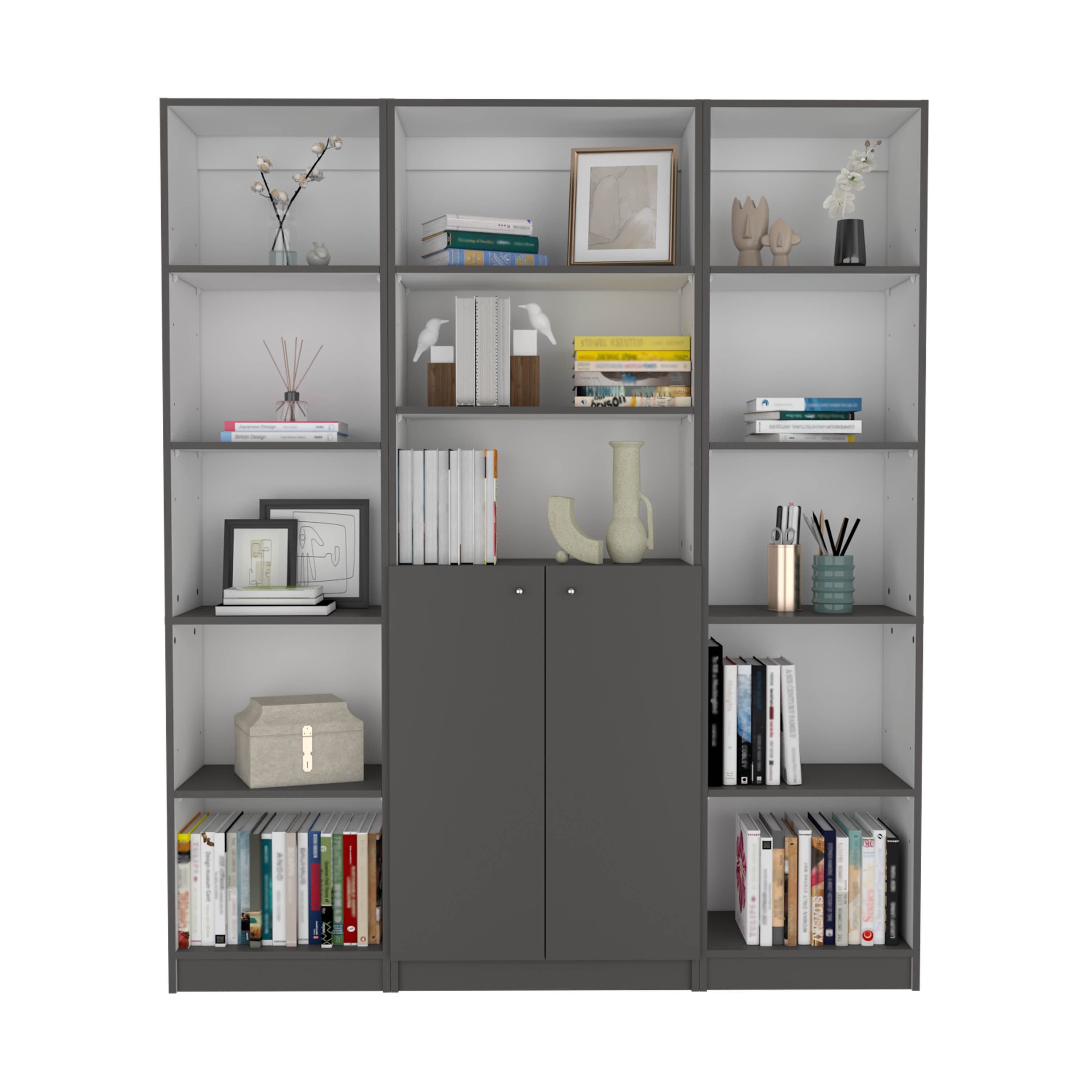 June 3 Piece Home Bookcase set, 60' Wide with 13 Shelves and 2-door Cabinet ,  Living Room Set  Matt Gray / White | Premium H