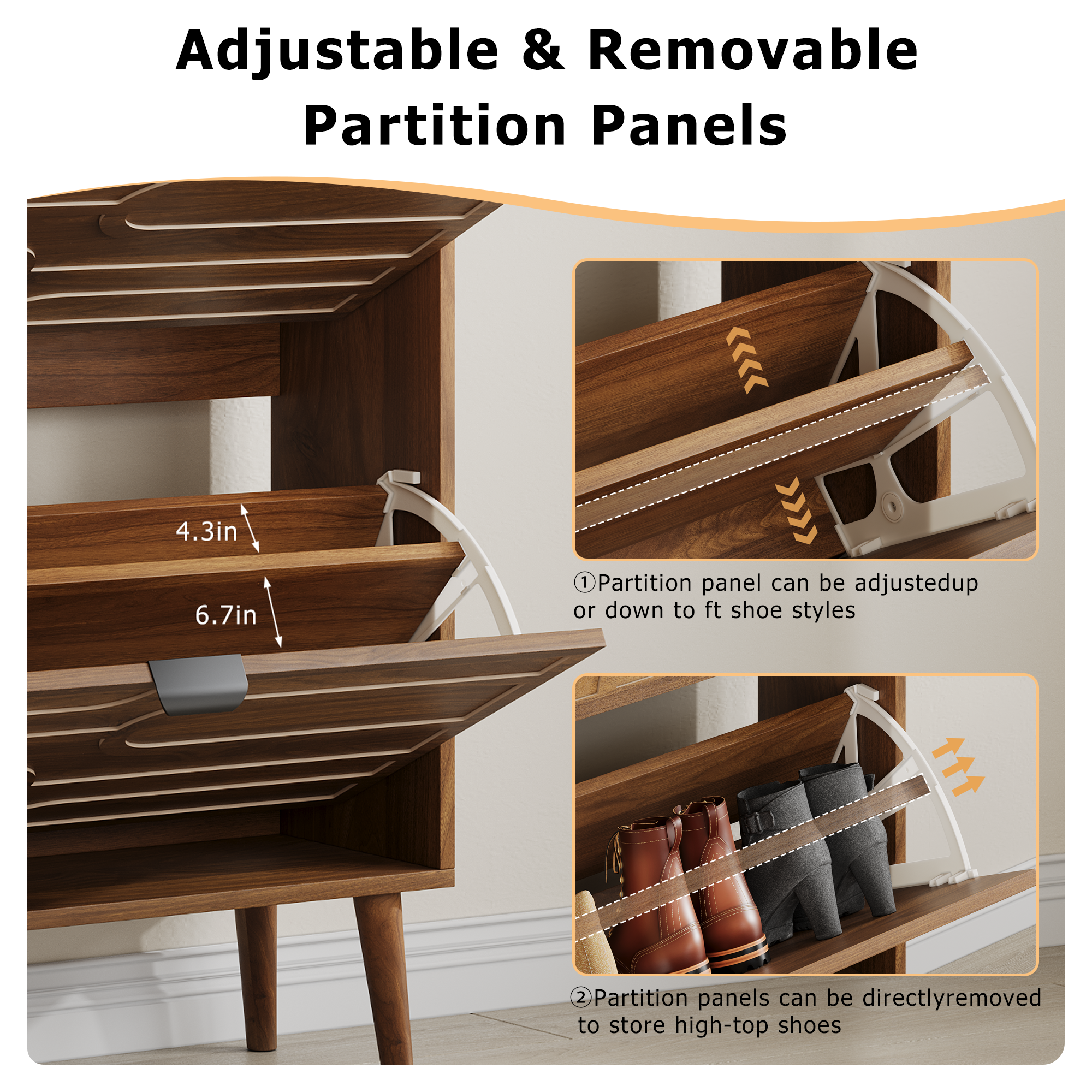 Medieval Modern Independent Shoe Cabinet with 2 Flip Drawers, Walnut MDF, 31.5-inch - Grand Goldman Shop