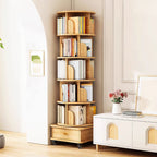6 Tier Rotating Bookshelf, 360° Display Round Spinning Bookshelf with Wheels and Drawer, Space-Saving, Small Space Rotating Bookshelf Tower for Bedroom, Living Room, Home, Office, Wood Color - Grand Goldman Shop