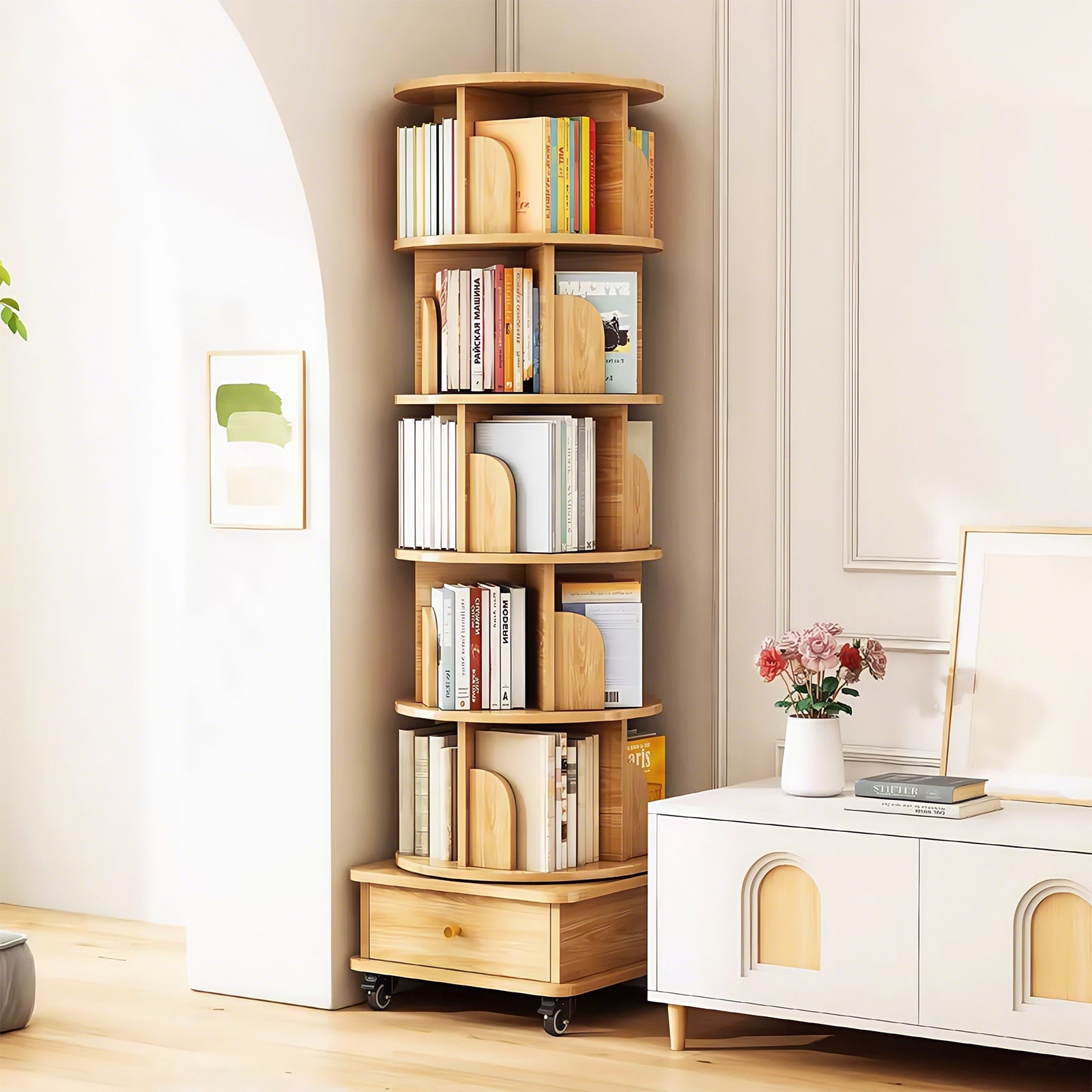 6 Tier Rotating Bookshelf, 360° Display Round Spinning Bookshelf with Wheels and Drawer, Space-Saving, Small Space Rotating Bookshelf Tower for Bedroom, Living Room, Home, Office, Wood Color - Grand Goldman Shop