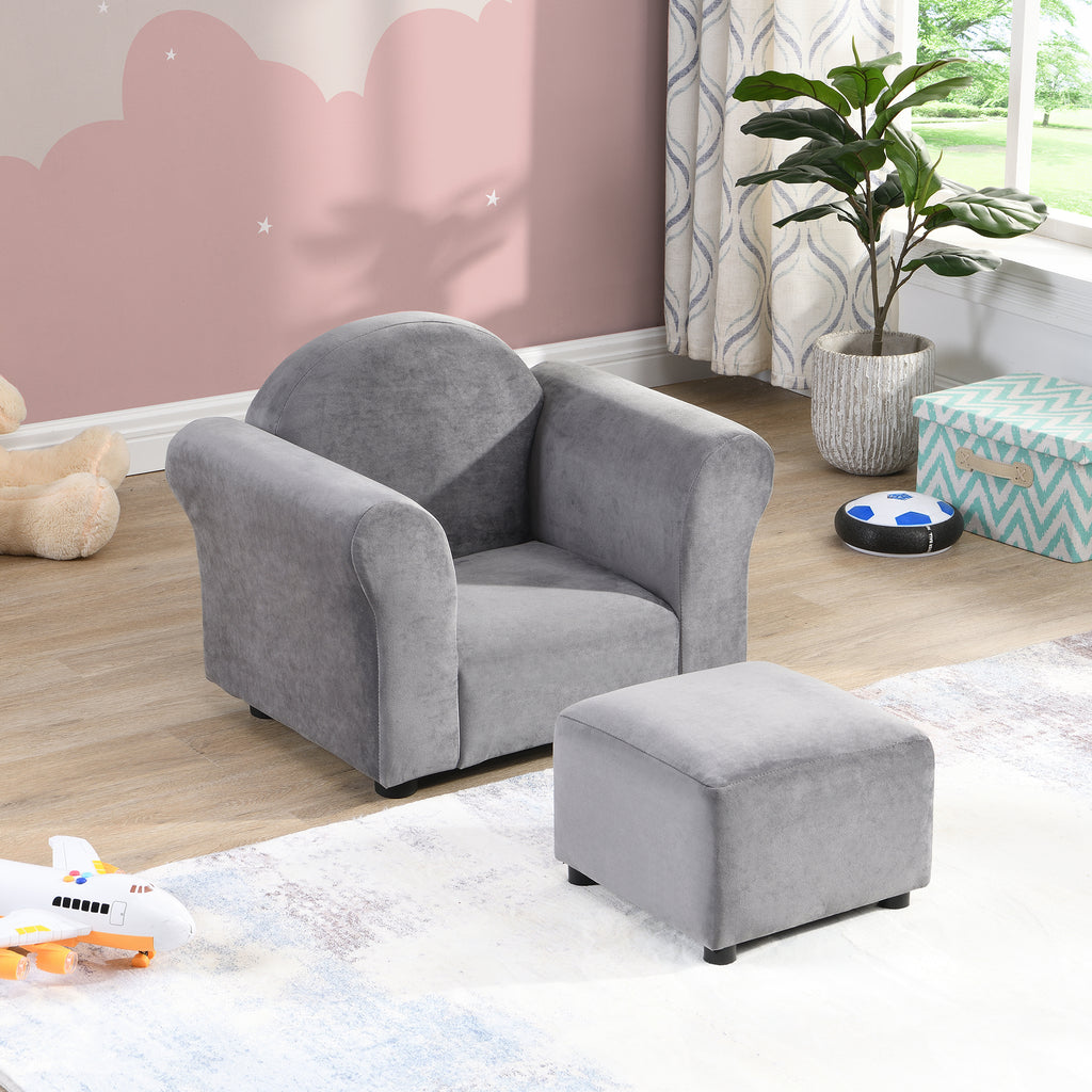 Kids Gray Velvet Upholstered Chair with Ottoman for Comfortable Seating | Premium Home Decor - Grand Goldman