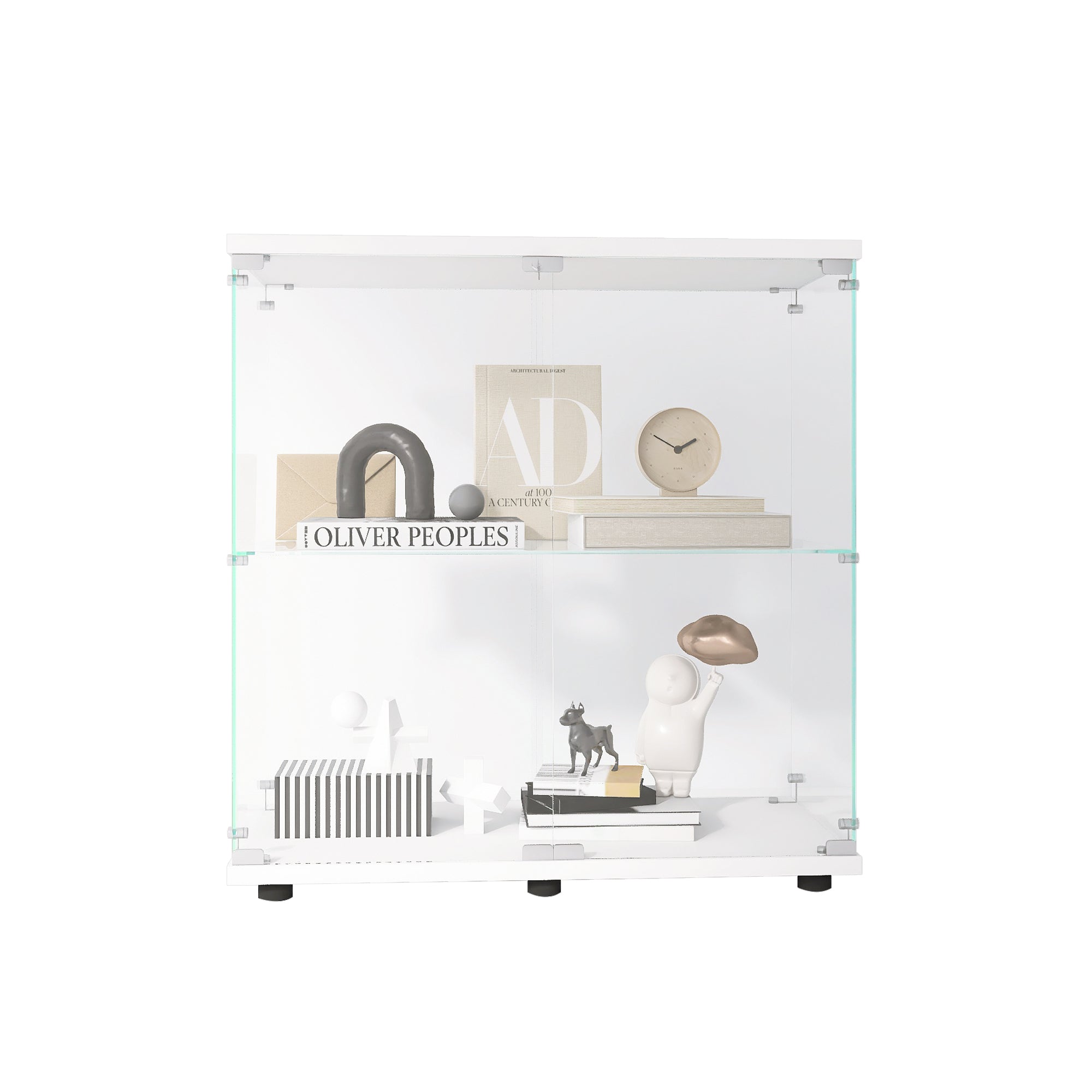 Two-door Glass Display Cabinet 2 Shelves with Door, Floor Standing Curio Bookshelf for Living Room Bedroom Office, 33.35'*31.