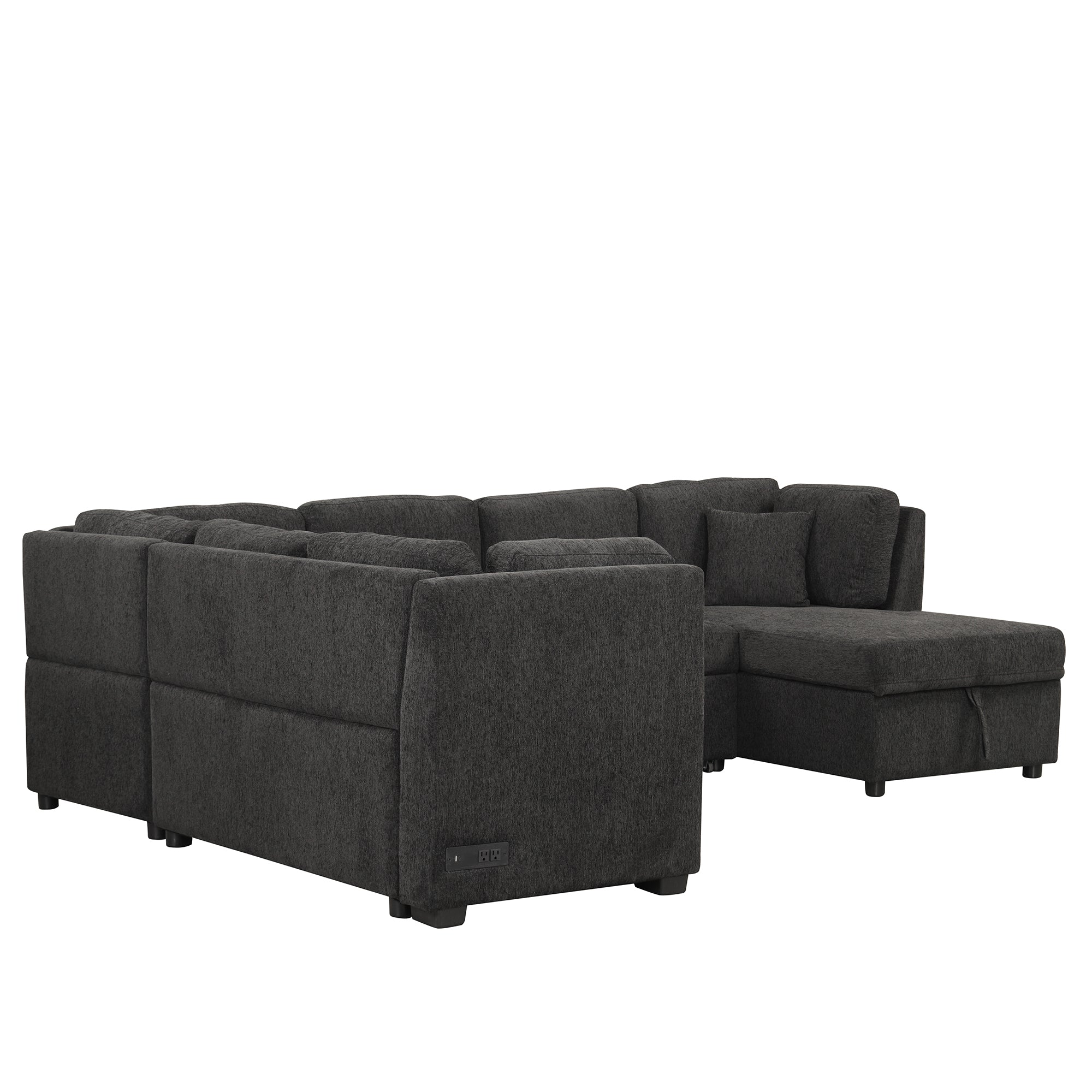U-shaped Sectional Sofa Pull Out Bed with USB Ports, Power Sockets, Back Pillows & Storage Chaise, Black Chenille, 108.6' - Grand Goldman Shop