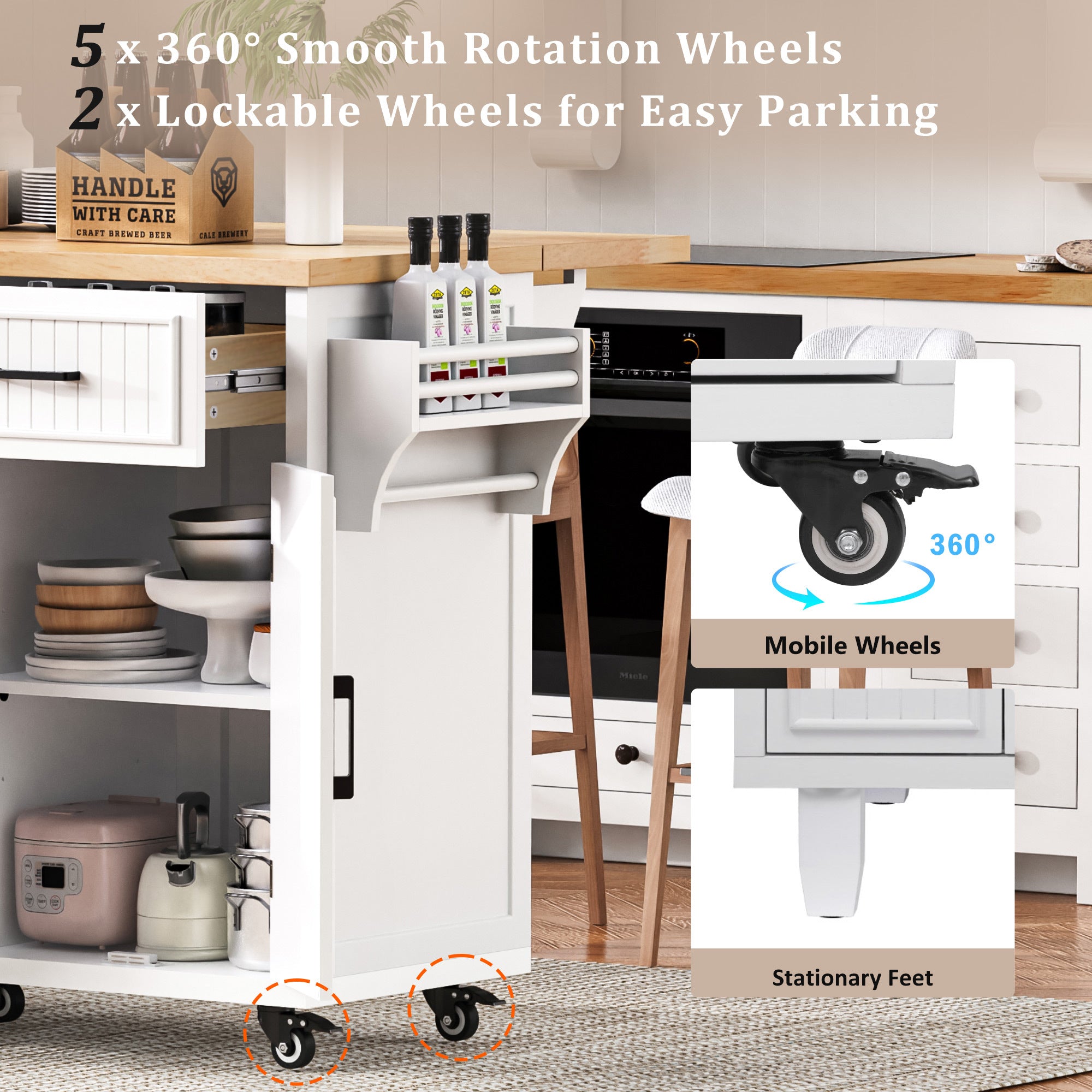K&K 56.5'' Kitchen Island with Drop Leaf, Power Outlet, Embossed Vertical Stripe Rolling Kitchen Cart on Wheels with 4 Doors , 5 Deep Drawers and Adjustable Shelves, for Kitchen, Dining Room, White - Grand Goldman Shop