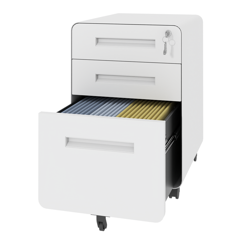 3-Drawer Wide Mobile File Cabinet with Lock, All-Steel Metal Storage Cabinet on Casters, White, Fully Assembled, Holds A4/Let