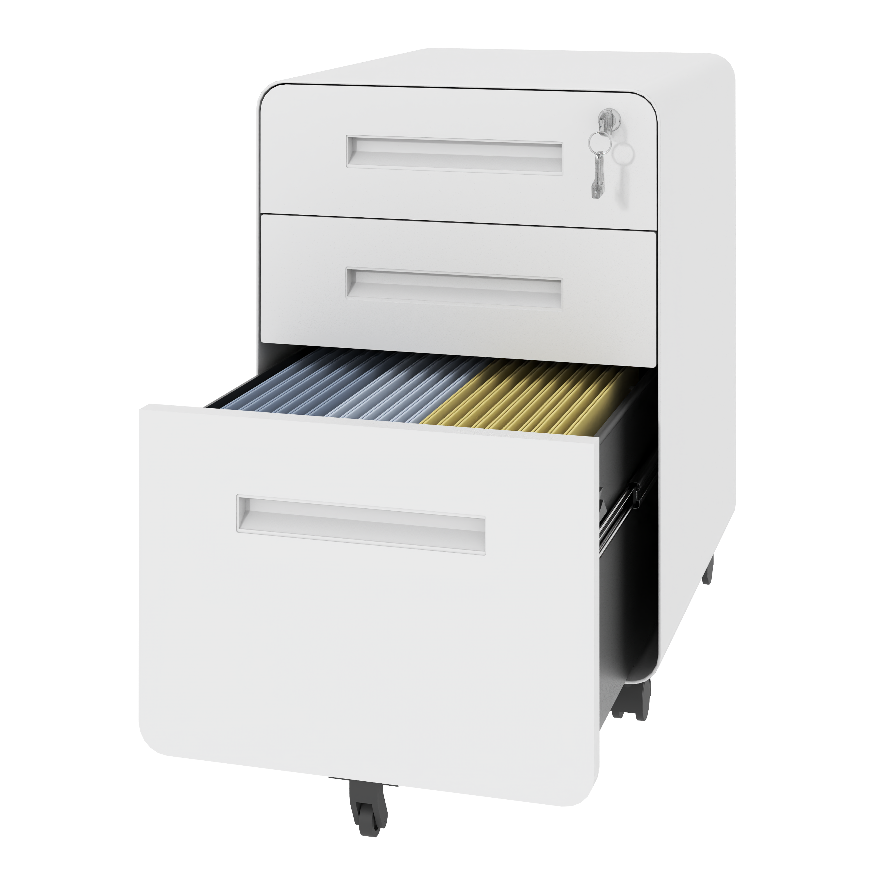 3-Drawer Wide Mobile File Cabinet with Lock, All-Steel Metal Storage Cabinet on Casters, White, Fully Assembled, Holds A4/Let