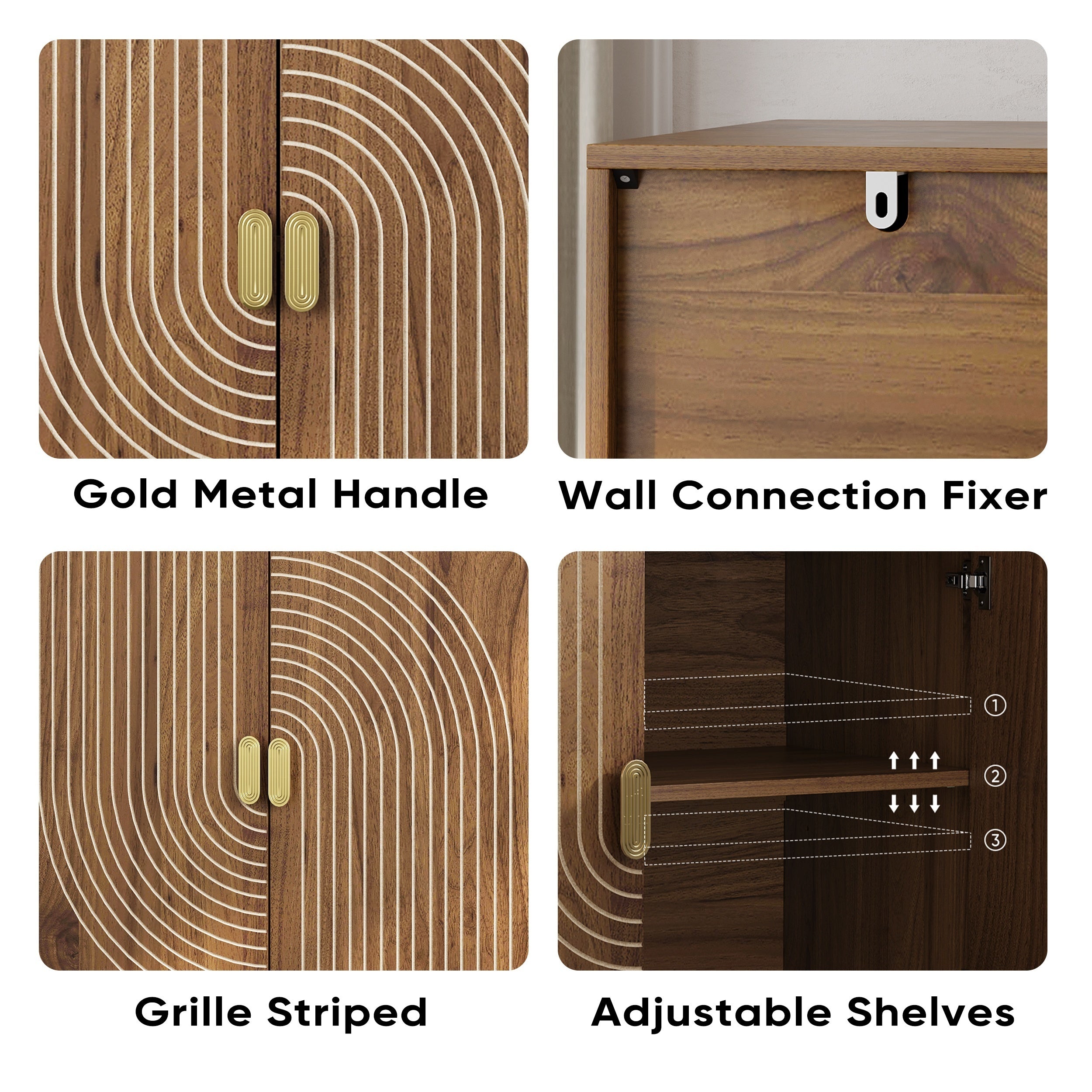 Walnut Wood Buffet Cabinet with Line Groove Design, Multifunctional Storage for Living Room, Entryway, Kitchen - Grand Goldman Shop