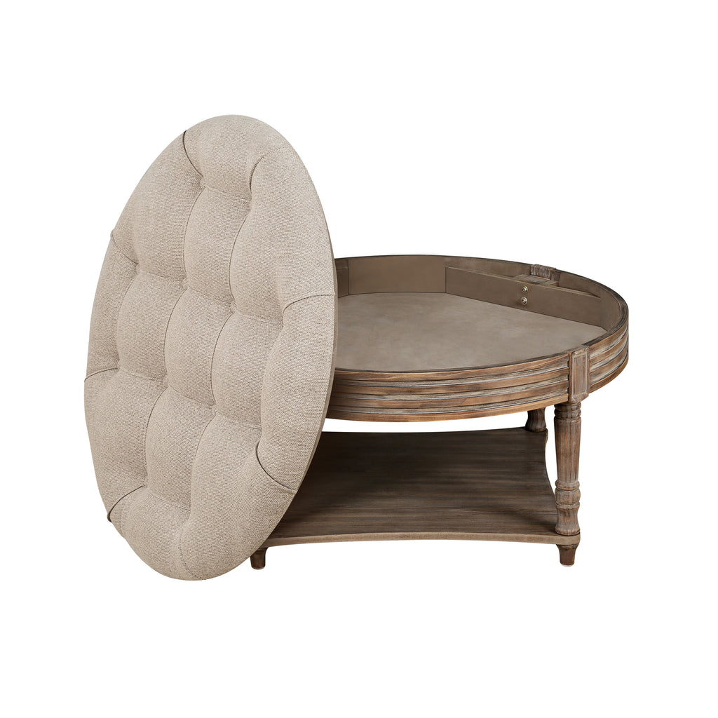 Large Round Waterproof Ottoman Coffee Table 2 Tier Oversized Button Tufted Ottoman with Wooden Shelf Storage Farmhouse Upholstered Coffee Table Living Room Footstool Ottoman Linen - Grand Goldman Shop