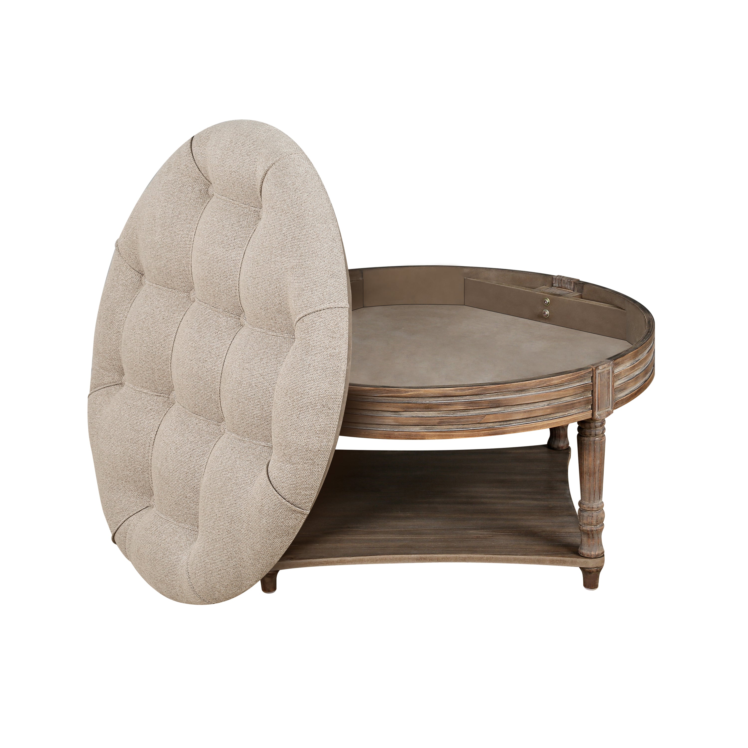 Large Round Waterproof Ottoman Coffee Table 2 Tier Oversized Button Tufted Ottoman with Wooden Shelf Storage Farmhouse Upholstered Coffee Table Living Room Footstool Ottoman Linen - Grand Goldman Shop