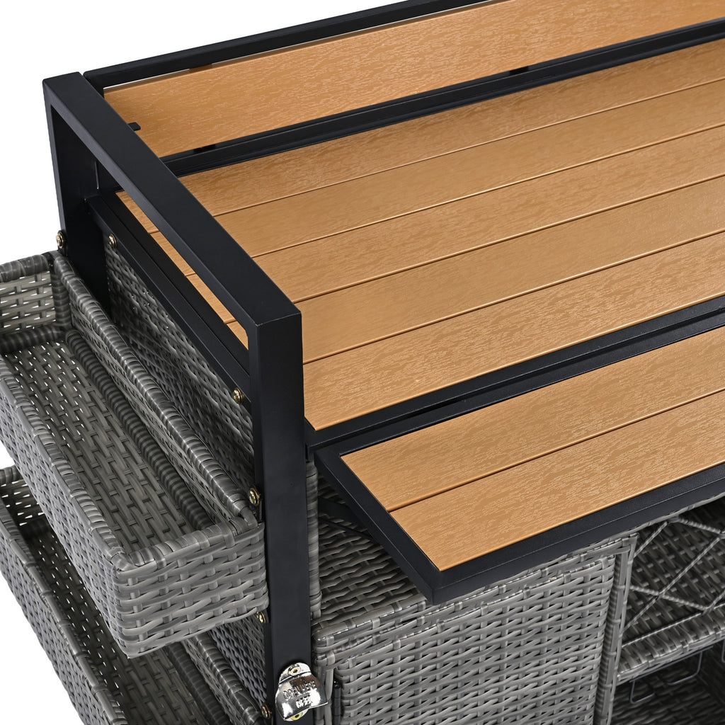 K&K 52.8'W Wicker Outdoor Grill Cart with Extended Plastic Wood Table Top, Rolling Kitchen Island on Wheels with Storage Cabinet, for Patio Backyard Garden Poolside, Double Handle Design, Grey - Grand Goldman Shop