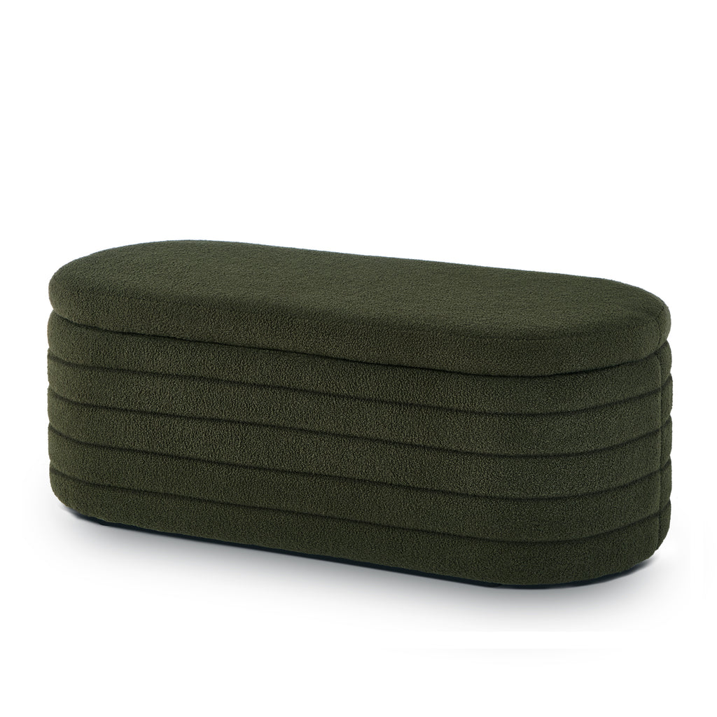 Modern Oval Storage Ottoman Bench, Upholstered Boucle Teddy Fabric End of Bed Bench with Storage, End of Bed Stool with Safety Hinge for Bedroom, Living Room, Entryway, Dark Green - Grand Goldman Shop