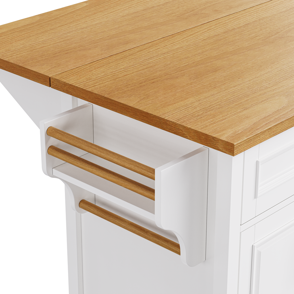 K&K 52'' Kitchen Island with Drop Leaf, Embossed Texture Kitchen Island on Wheels with Spice Rack, Towel Rack, 2 Doors and 5 Drawers, Kitchen Storage Cart with Adjustable Shelf for Kitchen, White - Grand Goldman Shop