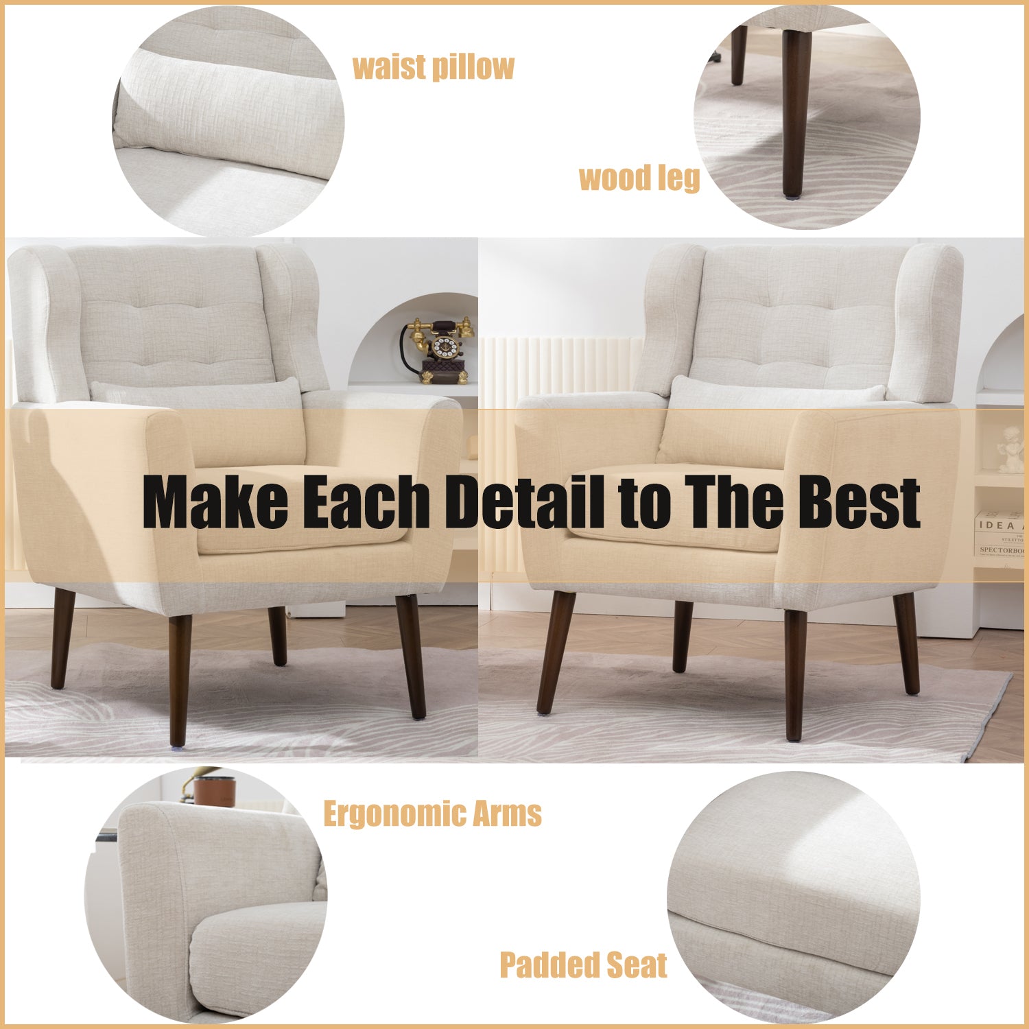 Modern Accent Chair Upholstered Foam Filled Living Room Chairs Comfy Reading Chair Mid Century Modern Chair with Chenille Fabric Lounge Arm Chairs Armchair for Living Room Bedroom (Beige) - Grand Goldman Shop