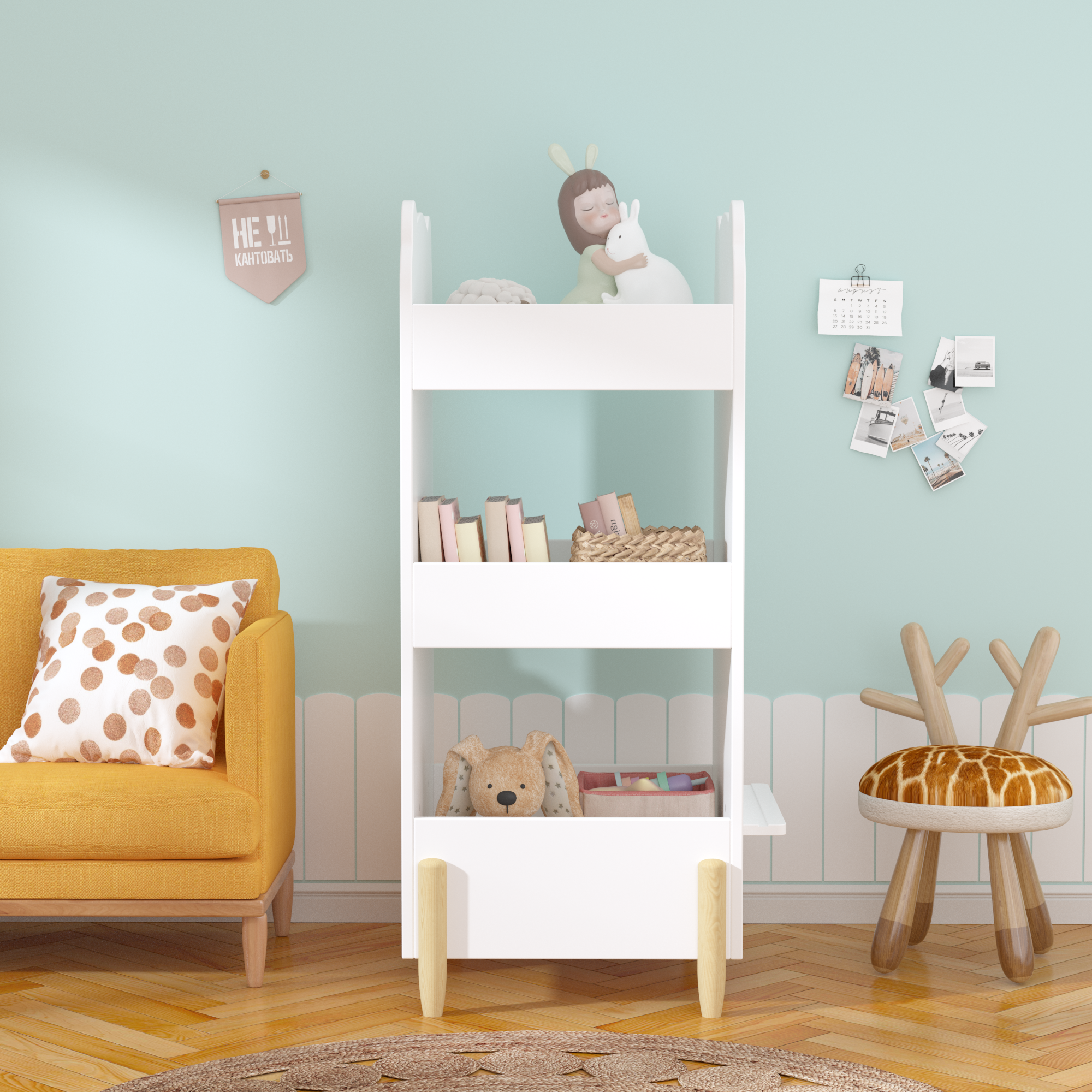 Kids Bookshelf with Chalkboard Side – Bear-Shaped Wooden Bookcase with 3-Tier Storage, Drawing Board for Toddlers, Toy and Bo