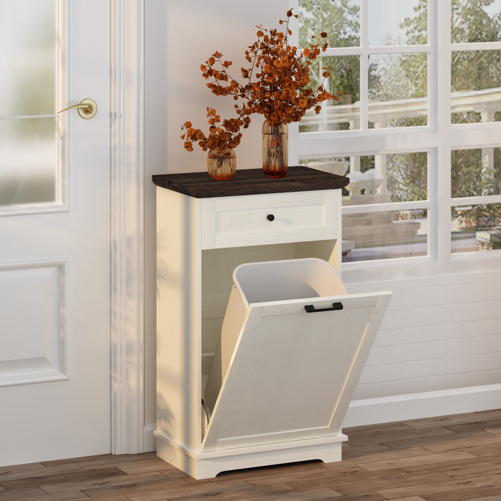 10 Gallon Tilt Out Trash Cabinet Freestanding Trash Bin Cabinet Wood Garbage Recycling Cabinet with Drawer Pet Proof Trash Can Holder for Kitchen Living Room, Antique White (Not include trash can) - Grand Goldman Shop