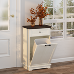 10 Gallon Tilt Out Trash Cabinet Freestanding Trash Bin Cabinet Wood Garbage Recycling Cabinet with Drawer Pet Proof Trash Can Holder for Kitchen Living Room, Antique White (Not include trash can) - Grand Goldman Shop