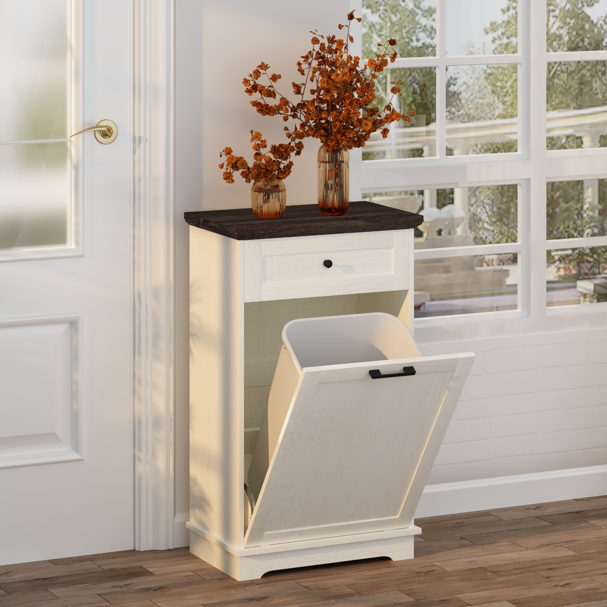 10 Gallon Tilt Out Trash Cabinet Freestanding Trash Bin Cabinet Wood Garbage Recycling Cabinet with Drawer Pet Proof Trash Can Holder for Kitchen Living Room, Antique White (Not include trash can) - Grand Goldman Shop