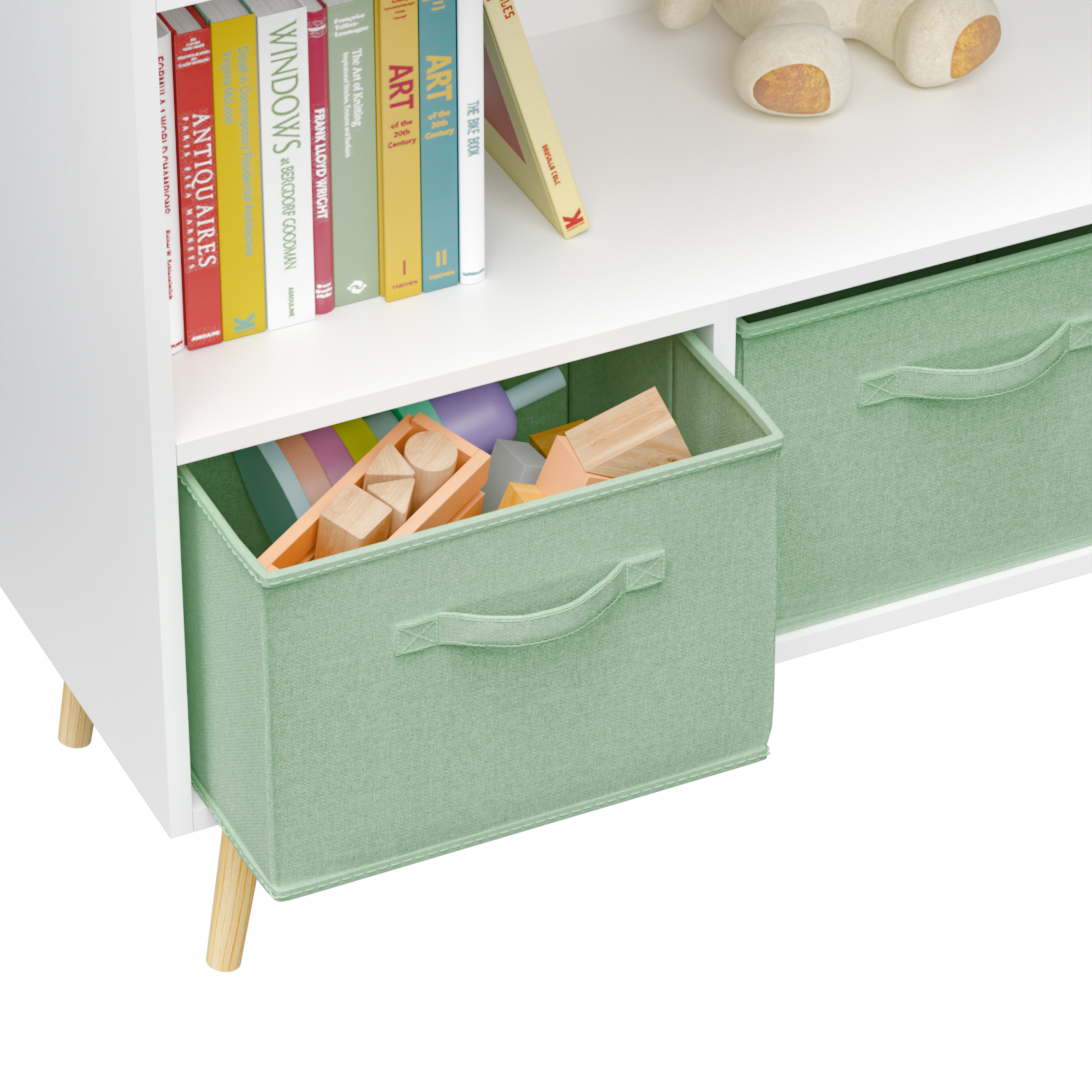 Kids bookcase with Collapsible Fabric Drawers, Children's Book Display, Toy Storage Cabinet Organizer, White/Green - Grand Go