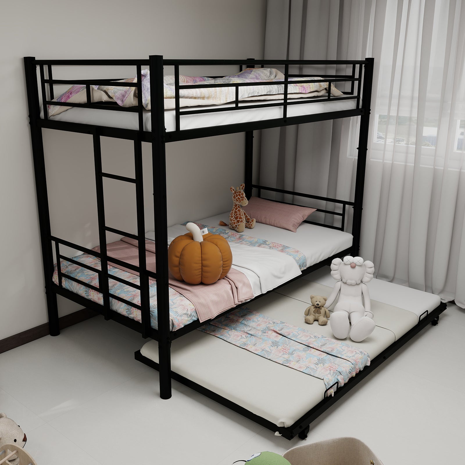 Heavy-duty Sturdy Metal Twin over Twin Bunk Bed with Noise Reduction, Safety Guardrail, No Box Spring Needed, Black - Grand Goldman Shop