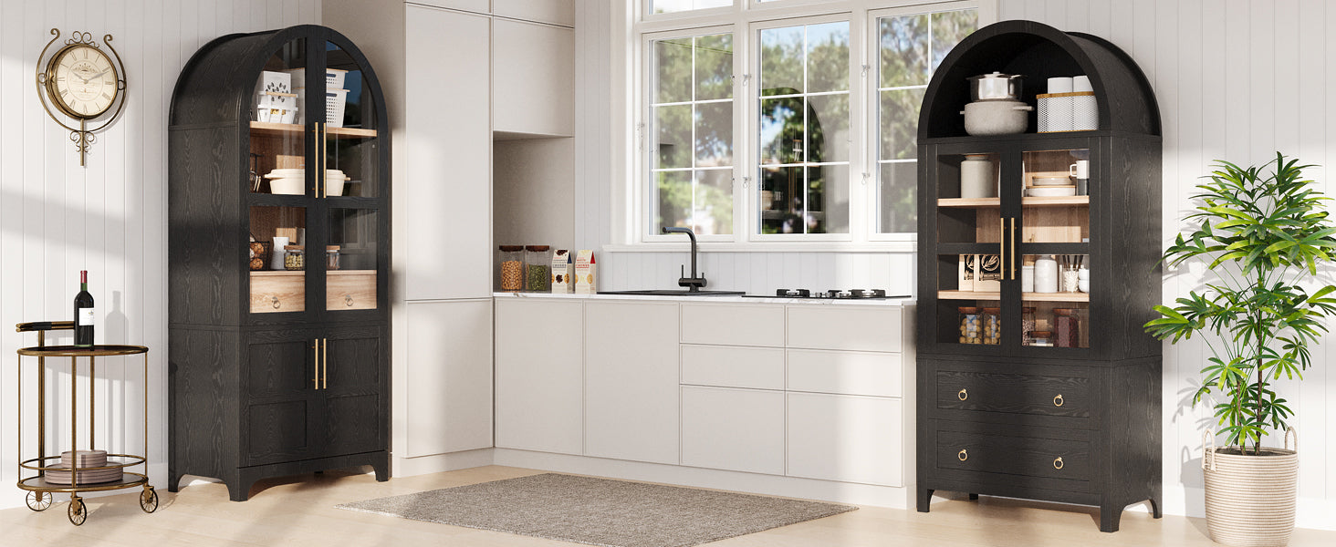 K&K 71' Tall Arched Kitchen Pantry Cabinet with Door Shelves, Farmhouse Kitchen Storage Cabinet with Open & Adjustable Shelves, Hidden Drawer & Glass Door, Cupboard for Kitchen, Dining Room, Black - Grand Goldman Shop