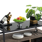 Outdoor Wicker Bar Cart, Patio Wine Serving Cart w/Wheels , Rolling Rattan Beverage Bar Counter Table w/Glass Top for Porch Backyard Garden Poolside Party, Light brown - Grand Goldman Shop