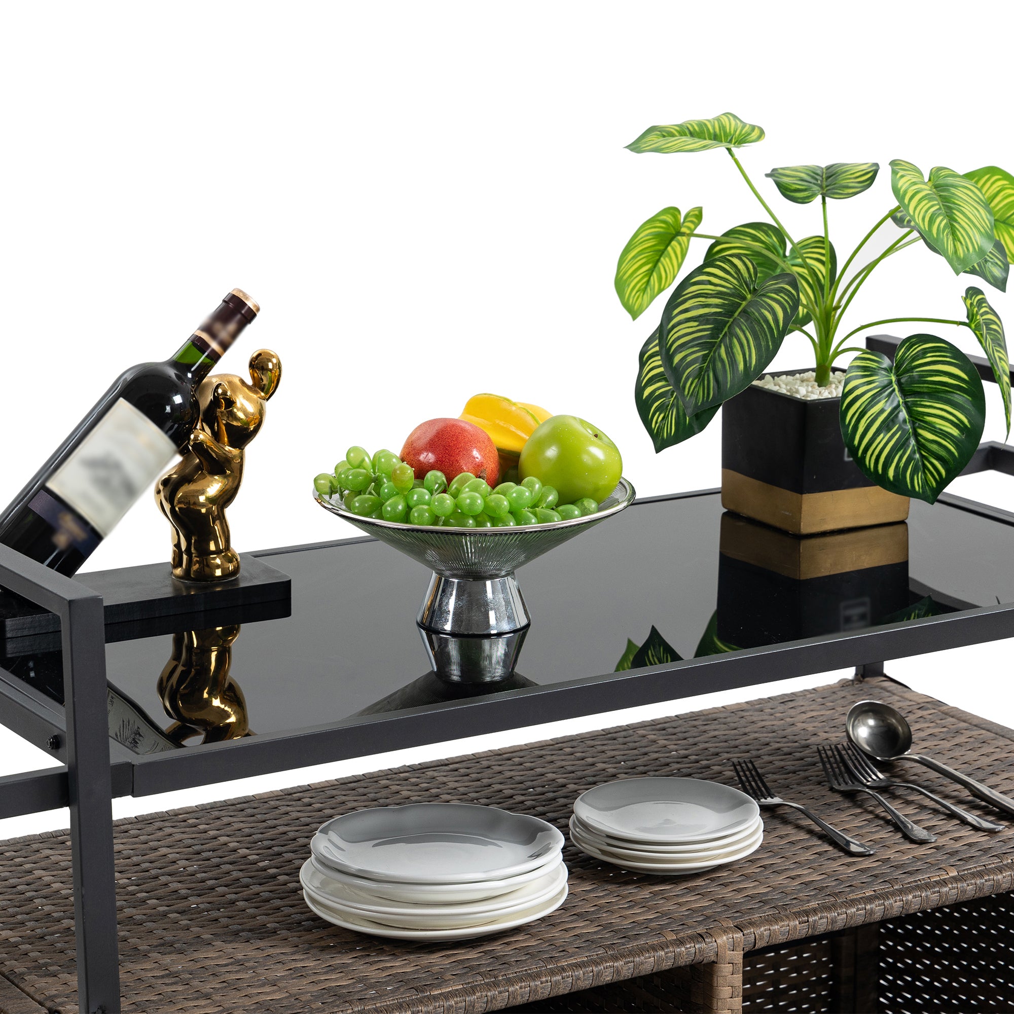 Outdoor Wicker Bar Cart, Patio Wine Serving Cart w/Wheels , Rolling Rattan Beverage Bar Counter Table w/Glass Top for Porch Backyard Garden Poolside Party, Light brown - Grand Goldman Shop