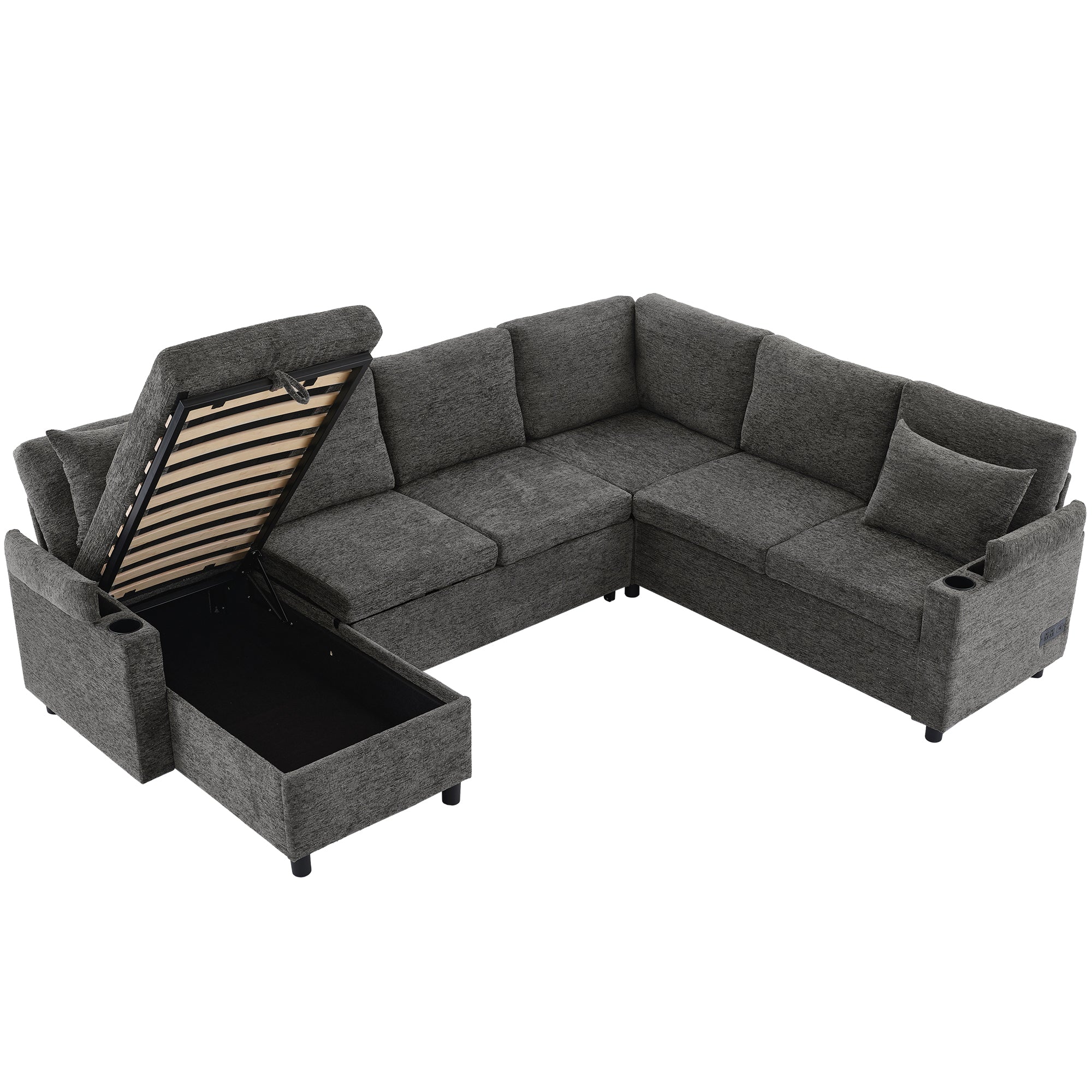 Versatile U-Shaped Sectional Sofa Bed with Storage, Cup Holders, Charging Ports in Grey Chenille - Grand Goldman Shop