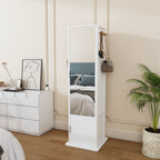 360° Rotating White Makeup Cabinet with Full-Length Mirror, Jewelry Storage, Coat Rack, 4 Open Shelves, 2 Built-In Shelves, MDF and Glass - Grand Goldman Shop