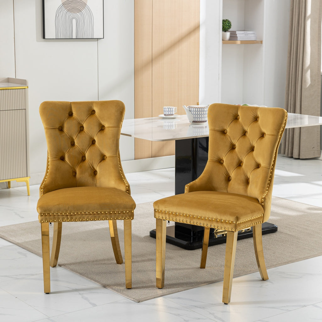 A&A Furniture,Nikki Collection Modern, High-end Tufted Solid Wood Contemporary Velvet Upholstered Dining Chair with Golden Stainless Steel Plating Legs,Nailhead Trim,Set of 2,Gold, SW1601GL - Grand Goldman Shop