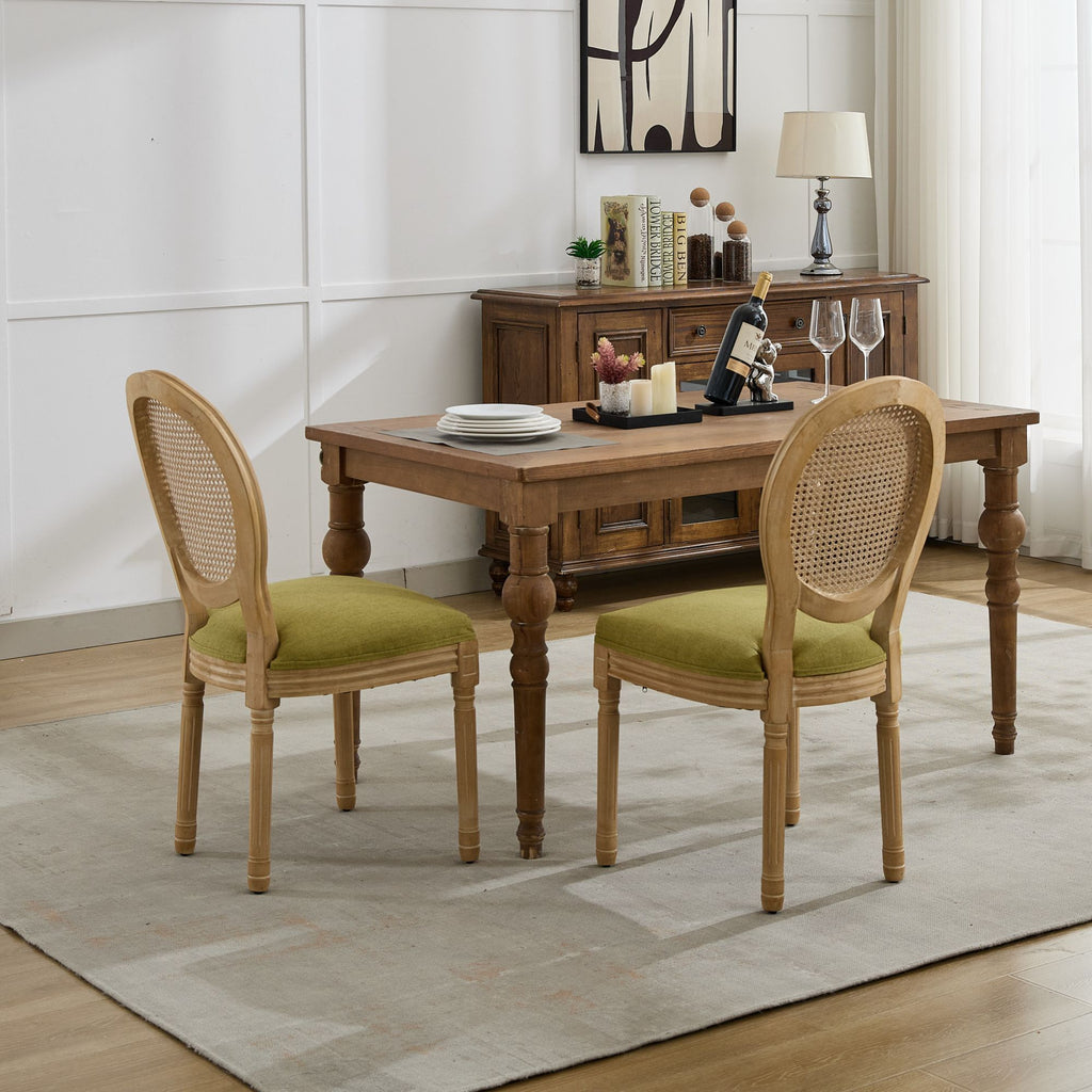 A&A Furniture,French Style Solid Wood Frame Antique Painting Linen Fabric Rattan Back Dining Chair,Set of 2,Olive-Green - Grand Goldman Shop