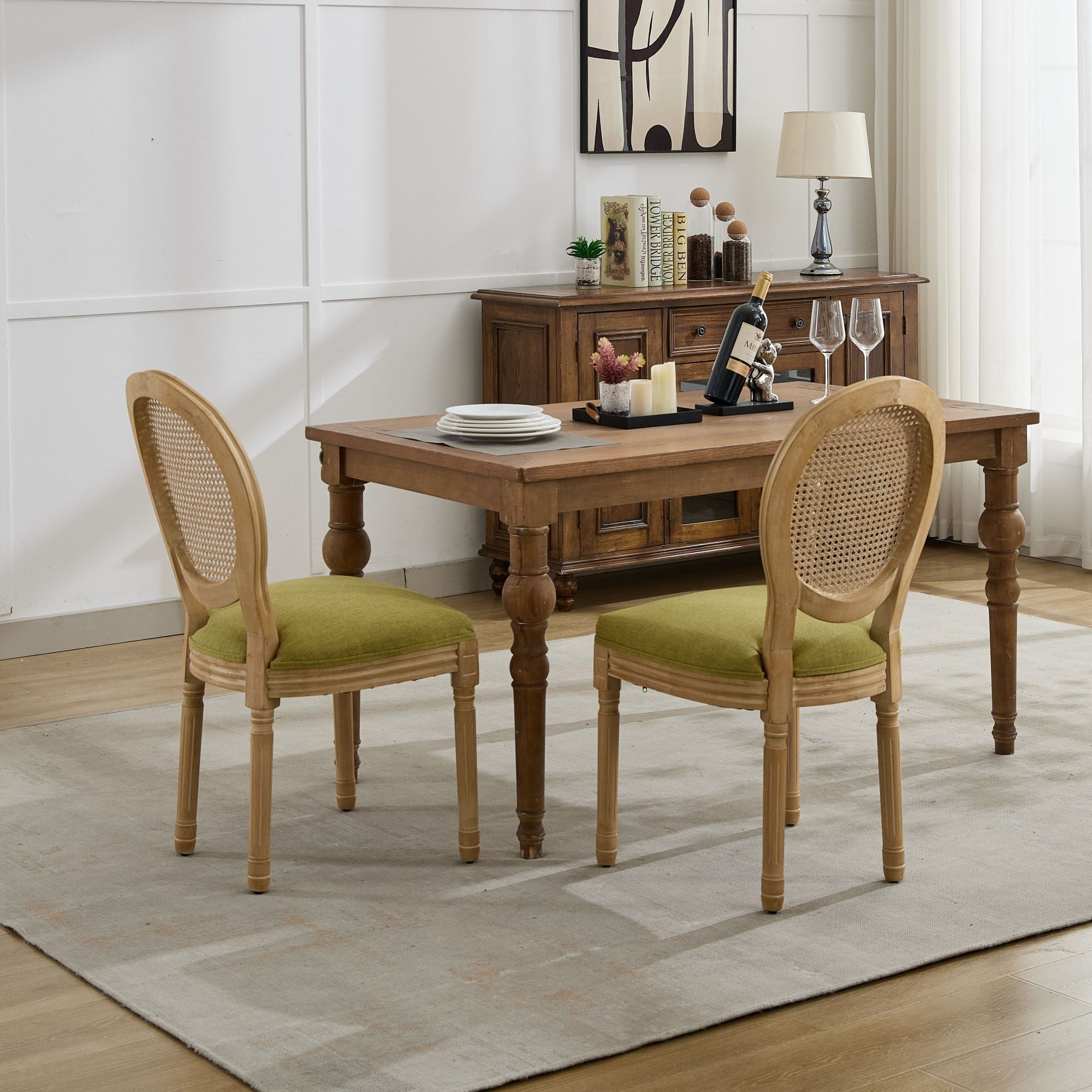 A&A Furniture,French Style Solid Wood Frame Antique Painting Linen Fabric Rattan Back Dining Chair,Set of 2,Olive-Green - Grand Goldman Shop