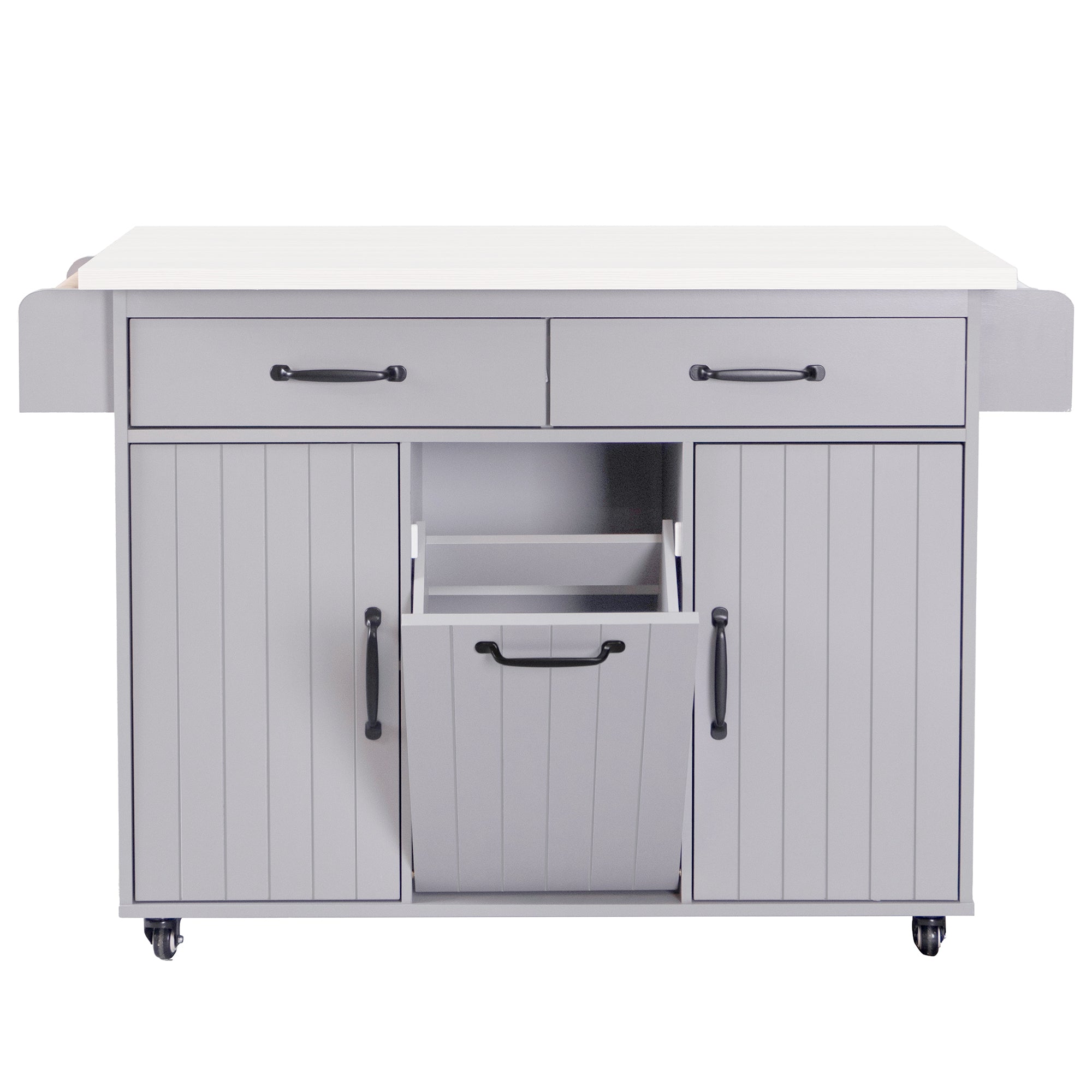 K&K Kitchen Island with Trash Can Storage Cabinet, Kitchen Cart with Drop Leaf, Spice Rack, Towel Rack and Drawer, Rolling Kitchen Island on Wheels with Adjustable Shelf, Grey - Grand Goldman Shop