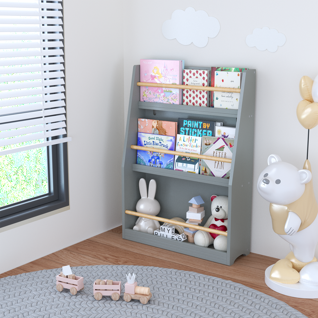 3 Tier Kids Book Shelf,Kids Book Rack, Helps Keep Bedrooms, Playrooms, and Classrooms Organized, Gray | Premium Home Decor - 