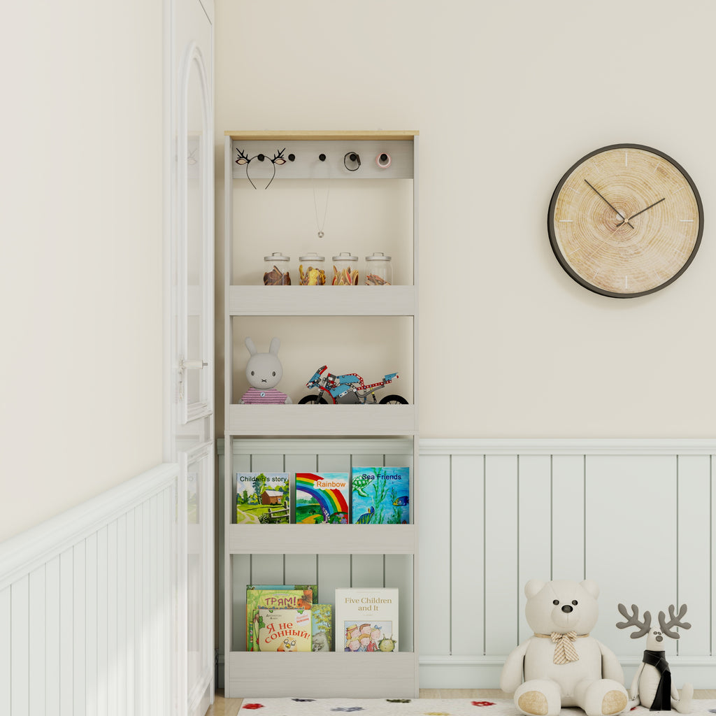 Behind The Door 69' Tall Bookcase with 4 Shelves and 5 hooks,  Space-Saving Narrow storage cabinet for Living Room, Children's Room, Study Room, Kitchen, Corridor-Antique White - Grand Goldman Shop
