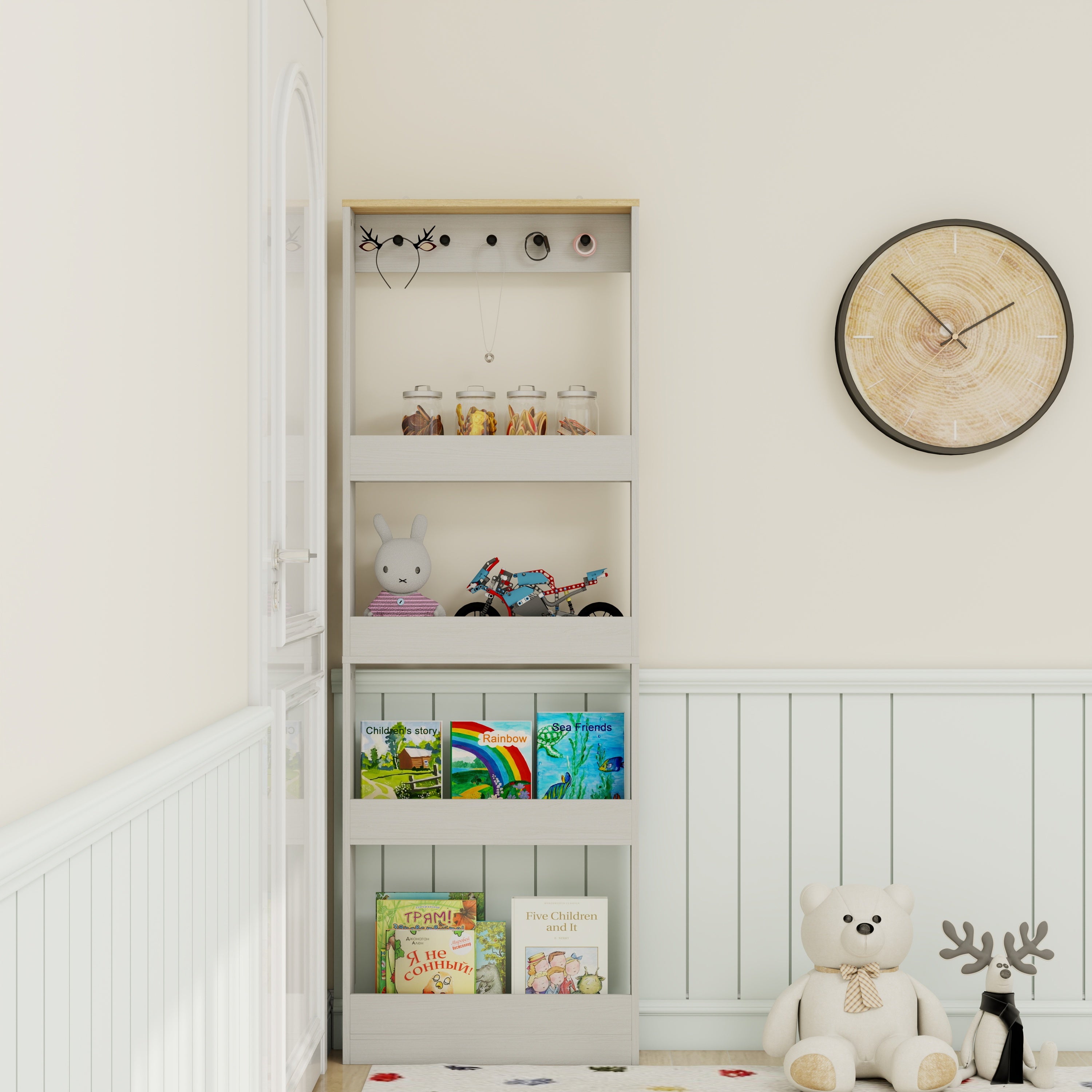 Behind The Door 69' Tall Bookcase with 4 Shelves and 5 hooks,  Space-Saving Narrow storage cabinet for Living Room, Children's Room, Study Room, Kitchen, Corridor-Antique White - Grand Goldman Shop
