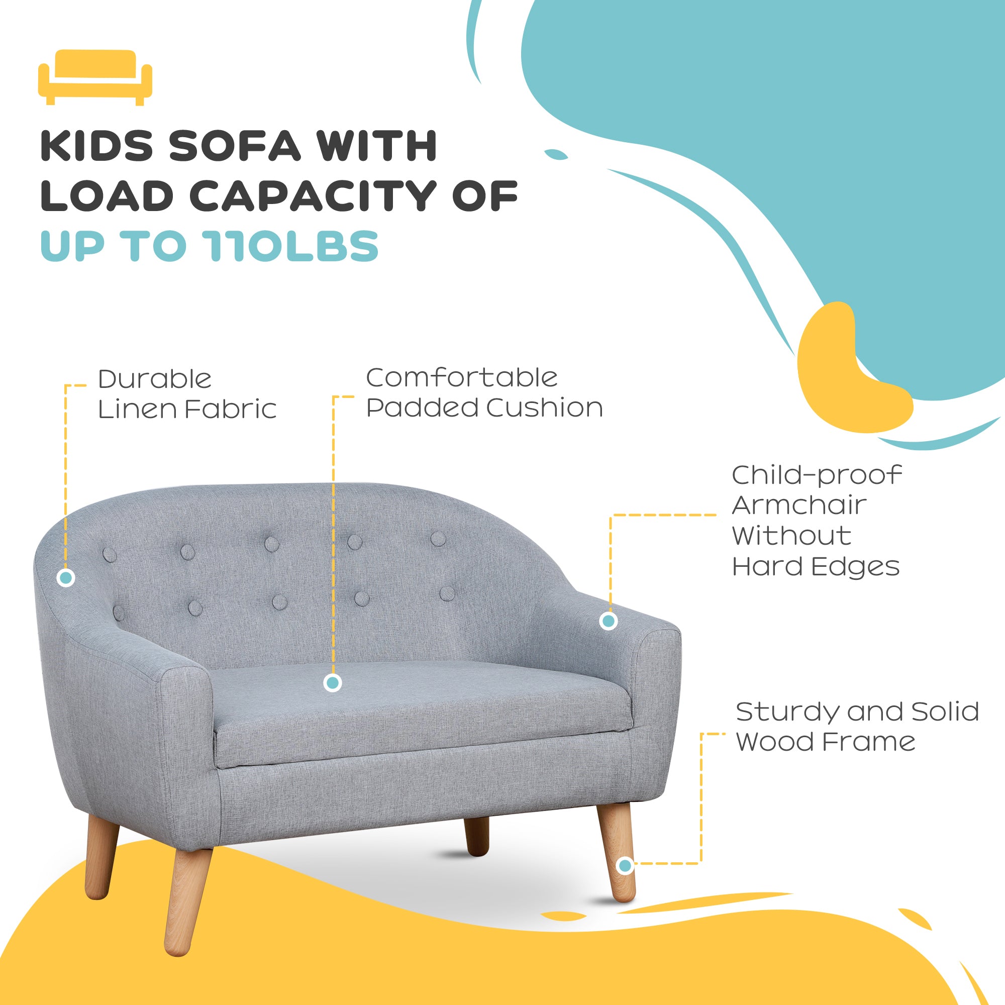 Stylish 2-Seat Kids Sofa Linen Fabric and Wooden Frame Sofa for Kids and Toddlers Ages 3-7, 11' High Seat, Gray - Available a