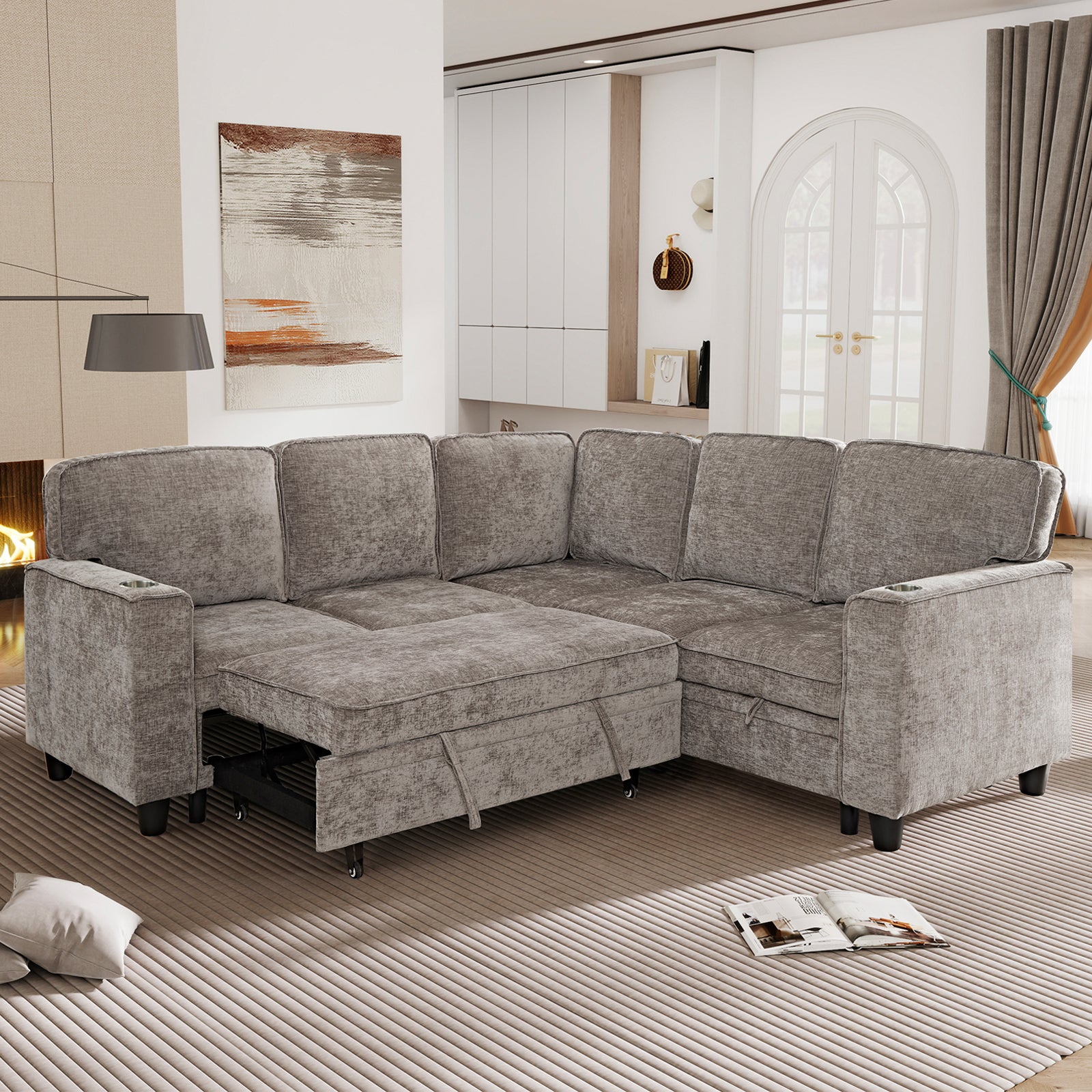 L-Shaped Sofa with Pull Out Sofa Bed, Sleeper Sofa Couch Bed with Storage Seat, 5 Seat Sectional Sofa Bed with USB, Sectional Sofa Couch for Living Room, Apartment, Light Brown - Grand Goldman Shop