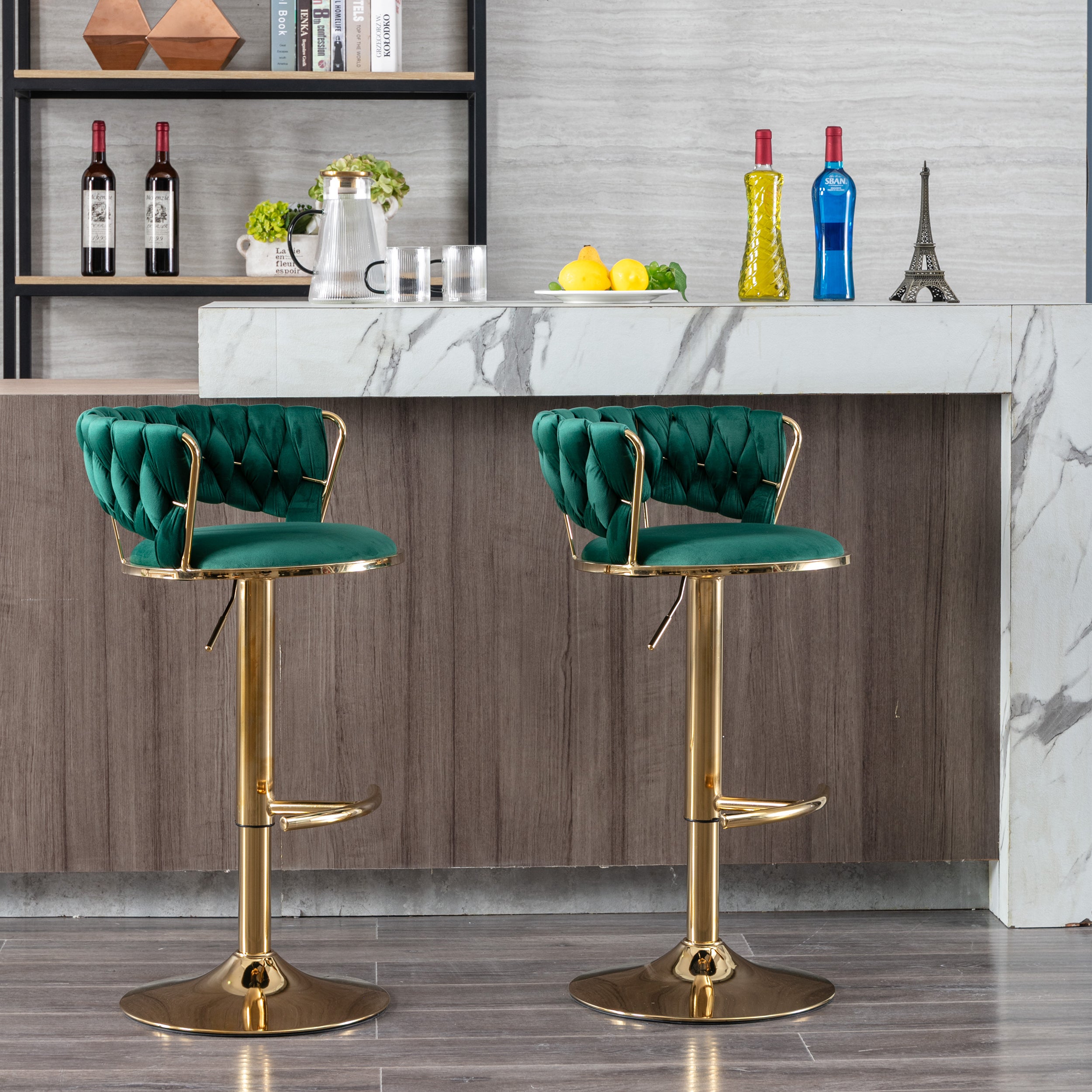 Set of 2  Bar Stools,with Chrome Footrest and Base Swivel Height Adjustable Mechanical Lifting Velvet + Golden Leg Simple Bar Stool-Green - Grand Goldman Shop