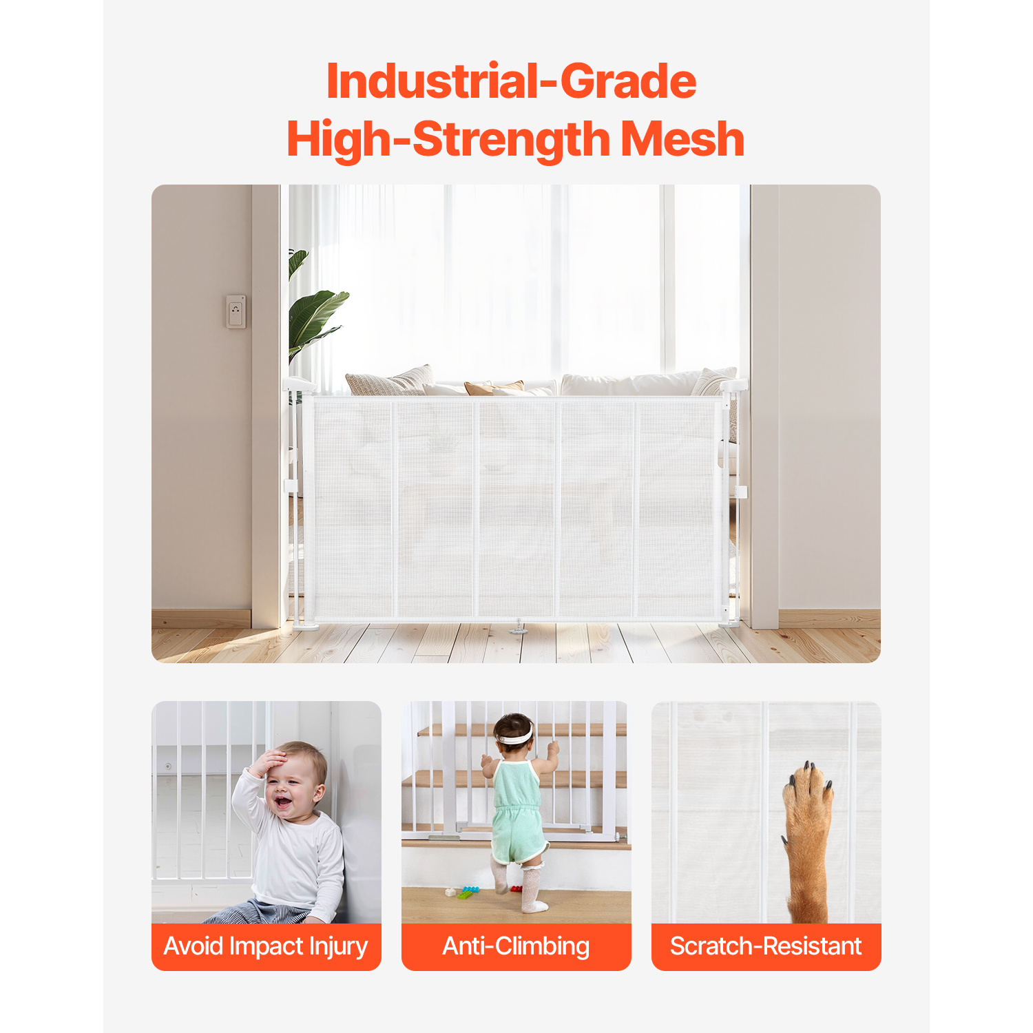 Retractable Baby Gate 34 in Tall Extend to 55 in Wide for Kids or Pets White - Grand Goldman
