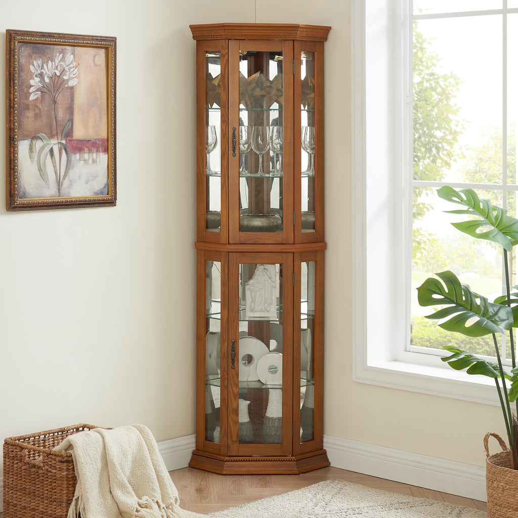 Corner Curio Cabinet Lighted Corner Display, Glass Display Shelf Shelving Bar cabinet with Tempered Glass Door, Bar Cabinet,Cabinet with Adjustable Shelf Glass Cabinet Shelves Bead Bulb Included OAK - Grand Goldman Shop