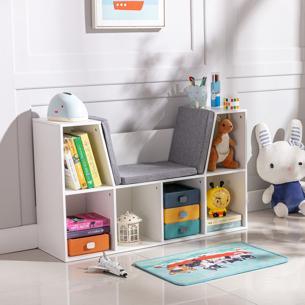 HOMCOM 6-Cubby Kids Bookcase with Reading Nook and Cushion, Multi-Purpose Storage Organizer for Bedroom, Living Room, Pure Wh