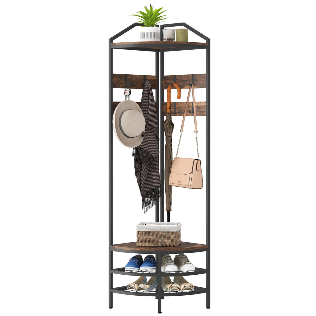 Coat Rack Corner Hall Tree, Industrial 4-Tier Coat Rack with Shoe Storage, 8 Movable Hooks and 2 Shelves - Grand Goldman Shop