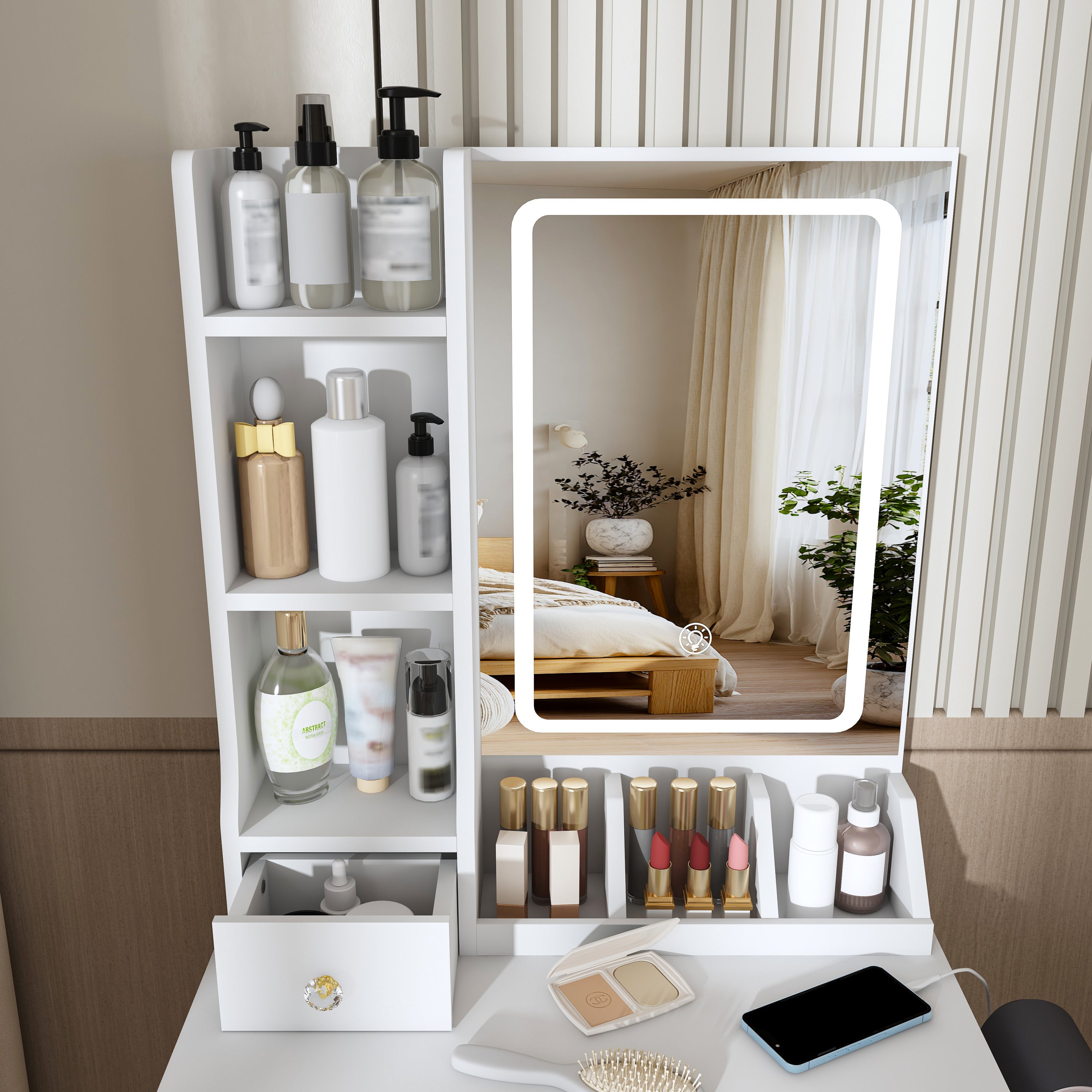 Modern White Vanity Desk with 3 LED Lighting Modes, 3 Drawers, Open Shelves, Hair Dryer Holder, and Dressing Chair - MDF Construction - Grand Goldman Shop