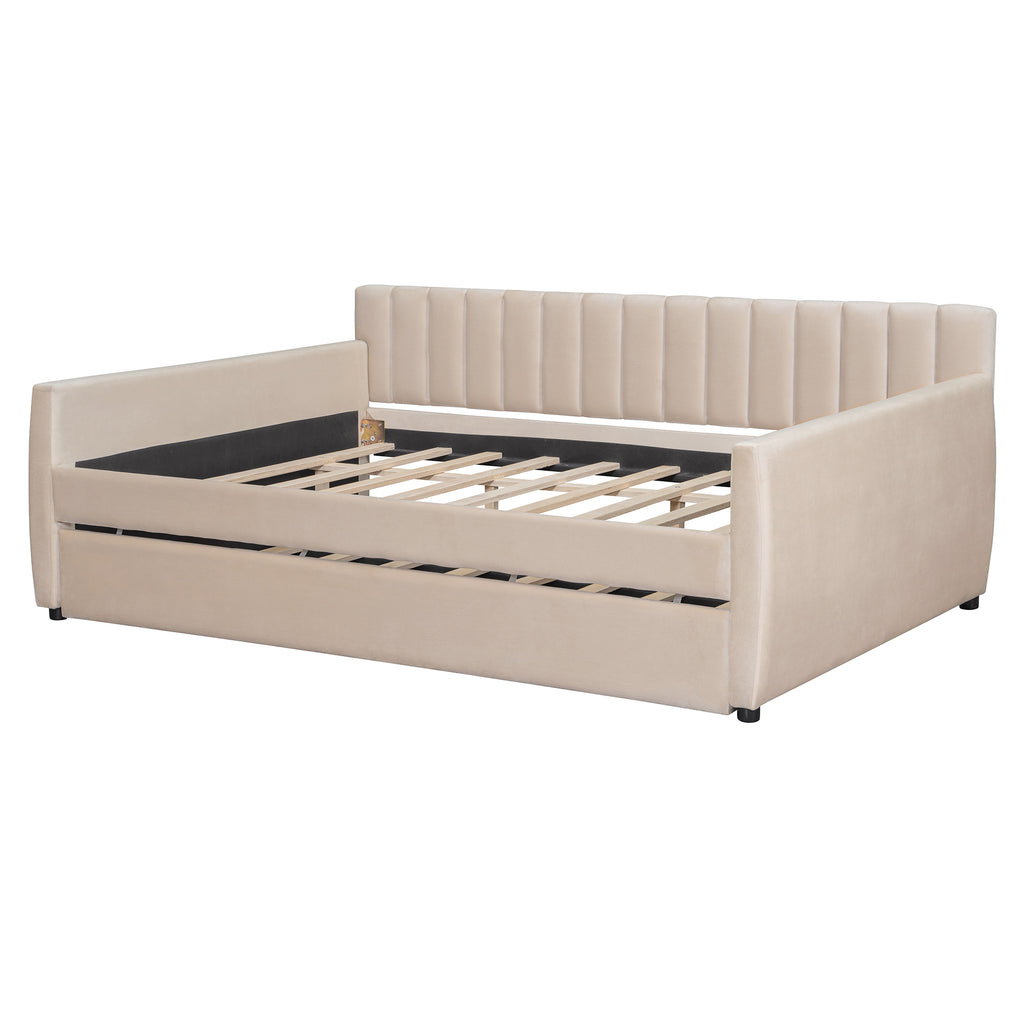 Full Size Upholstered daybed with Trundle and Wood Slat Support, Beige(Old SKU:LP000121AAA) - Grand Goldman Shop